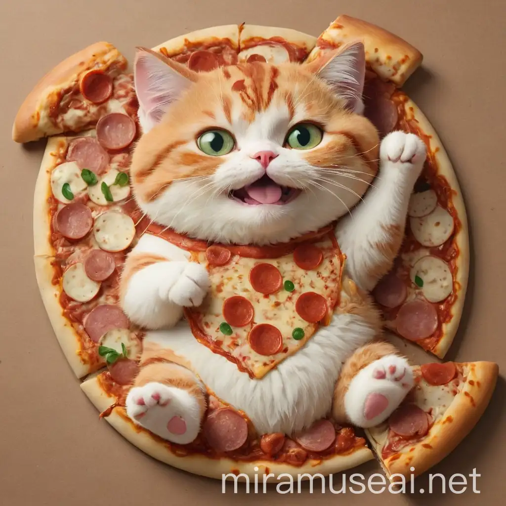 A cat that is in the shape of a pizza with topings. The cat is cute