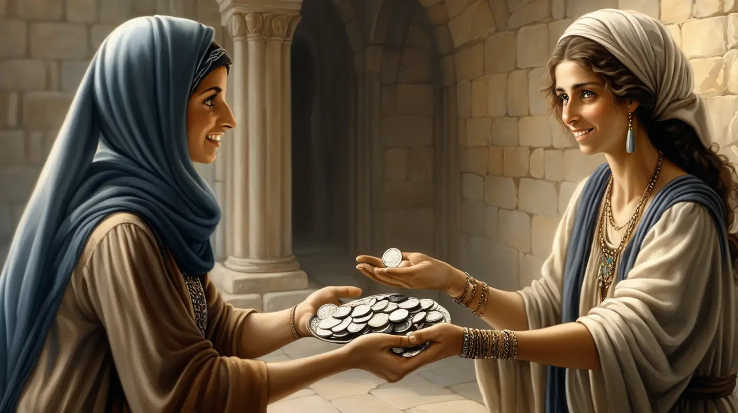 epoque biblique, une riche femme hébreu avec un léger sourire prête une pile de pièces d'argent à une femme hébreu qui a un foulard sur la tête