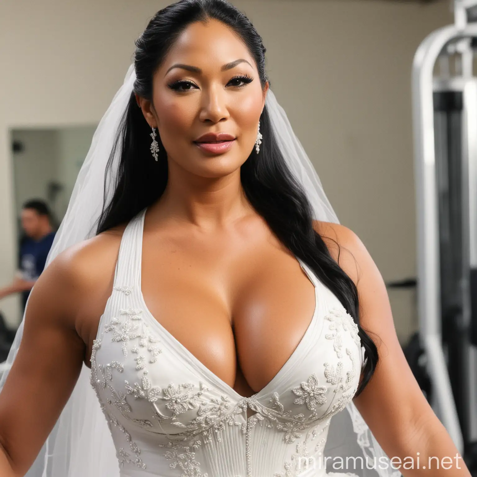 Kimora Lee Simmons wearing a wedding dress, in the gym, bbw, giant breasts, showing cleavage, zoomed in close from the waist up