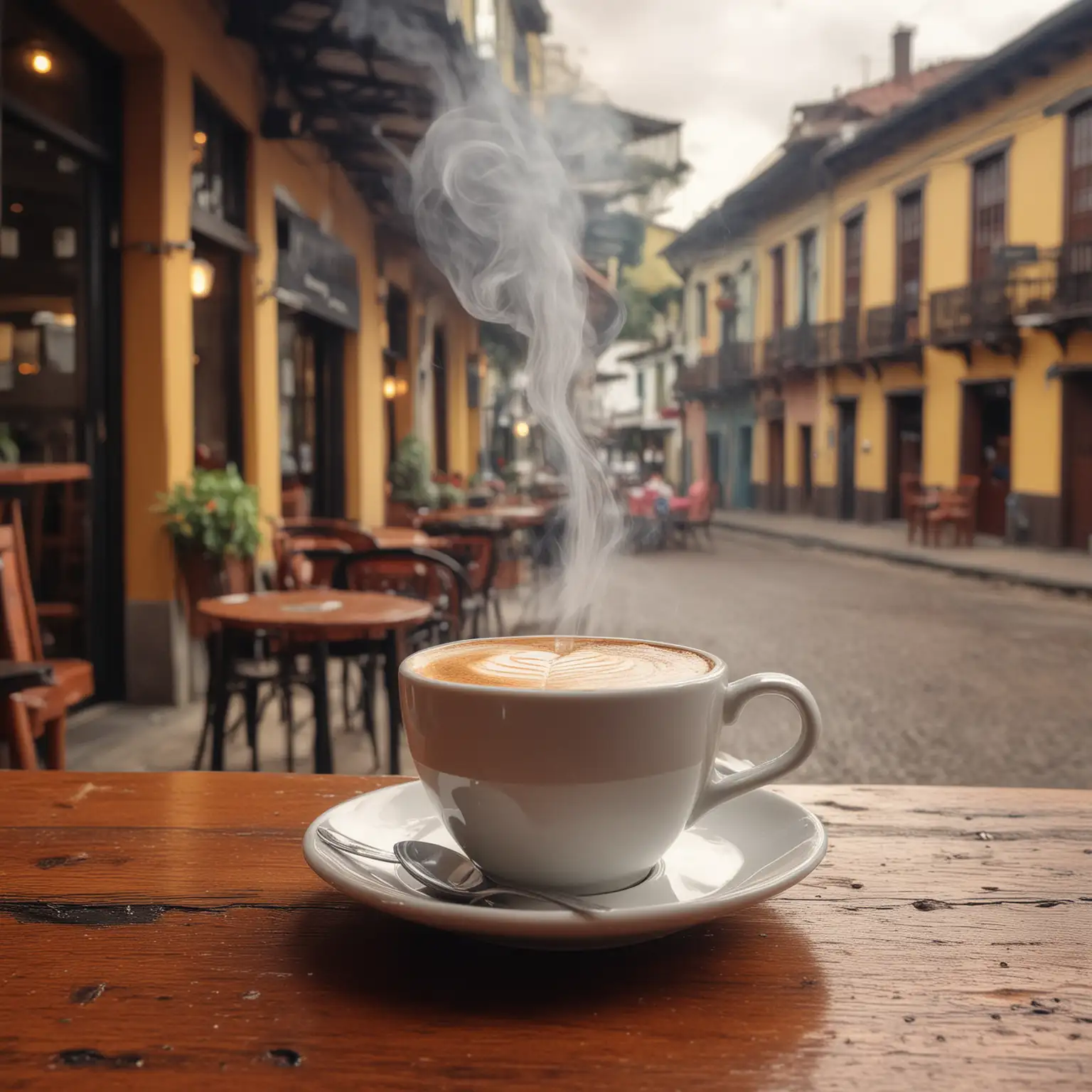 Show me a very nice and steaming cup of coffee with a very nice and cozy colombian coffee place on the background