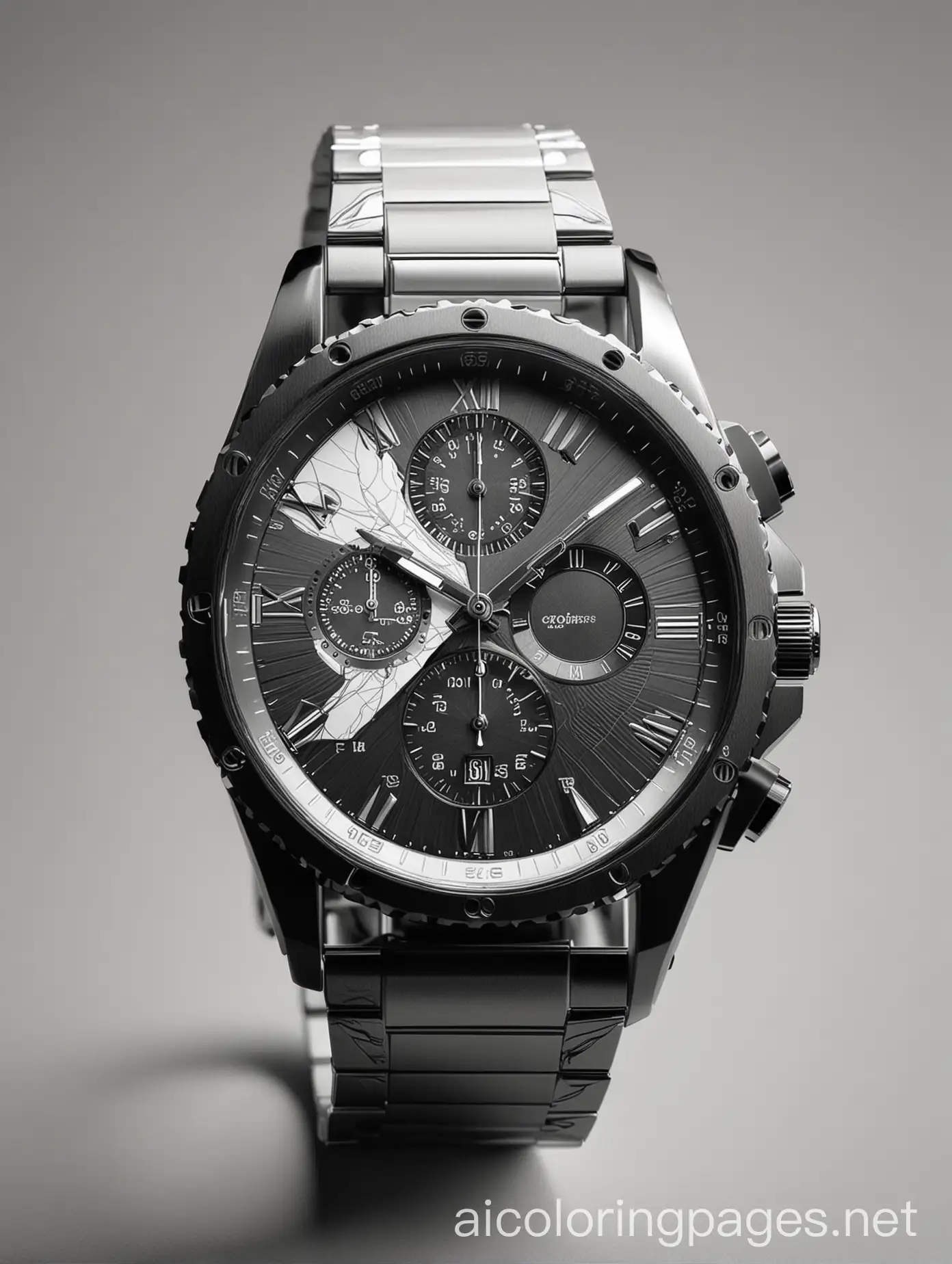 a modern men's watch with a unique and striking appearance that grabs attention, Coloring Page, black and white, line art, white background, Simplicity, Ample White Space