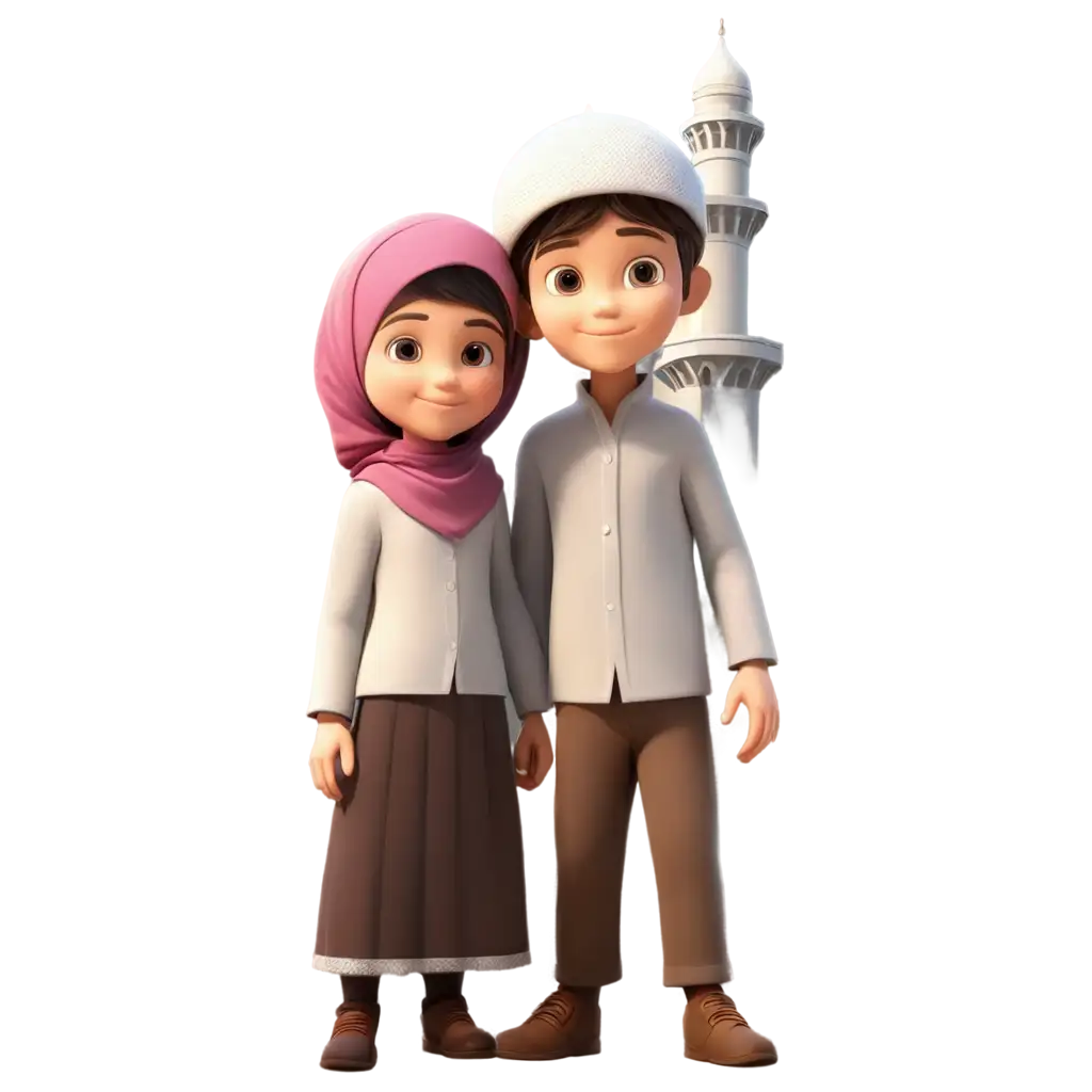 Gambar 3D anak laki-laki dan perempuan berbusana islami dengan latar belakang sebuah masjid
