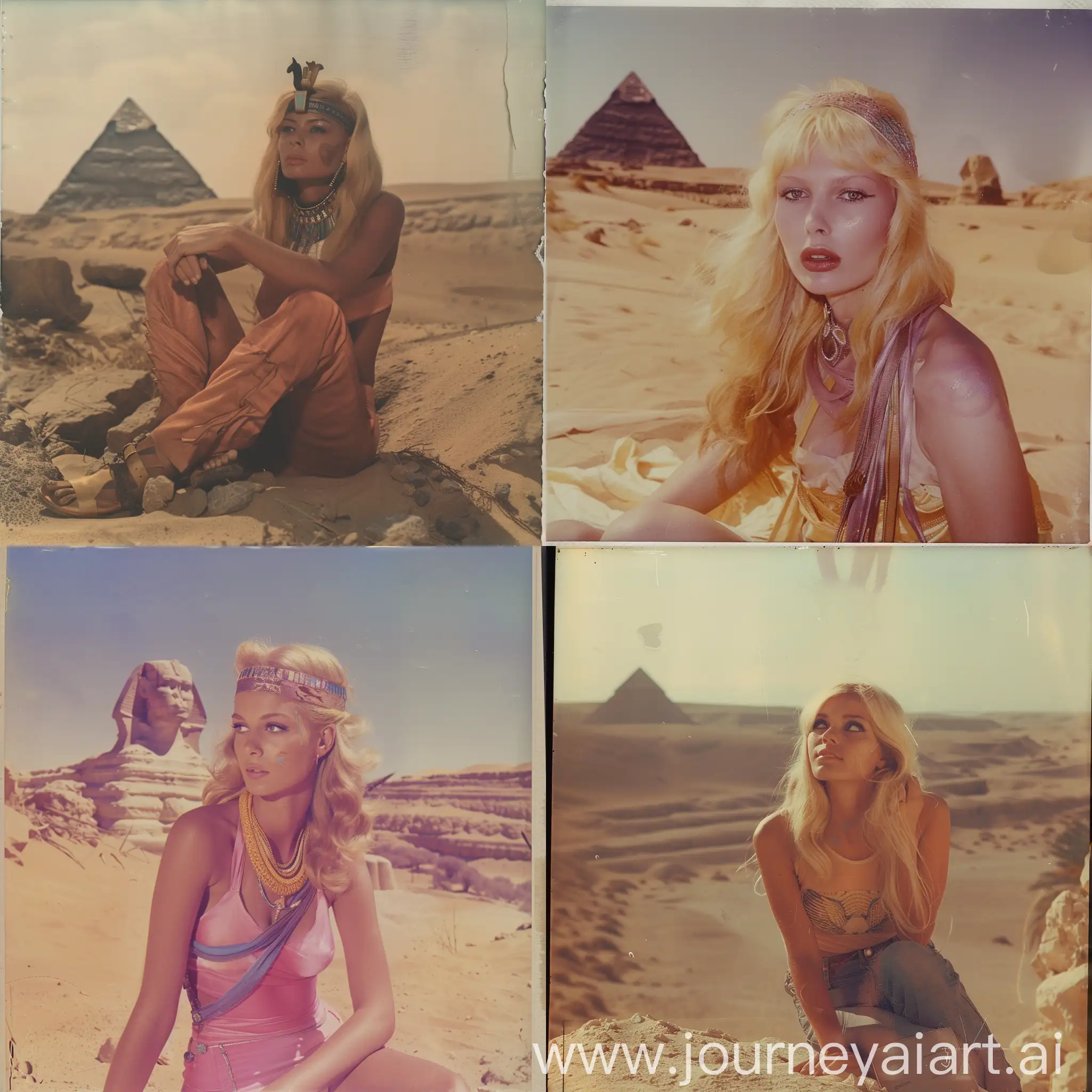 polaroid colors, shirtless pharaoh queen, beauty mystery, sixties magazine, beautiful face and skin, Emmanuelle, Cleopatra, desert, Sphinx, European blonde top model, shooting