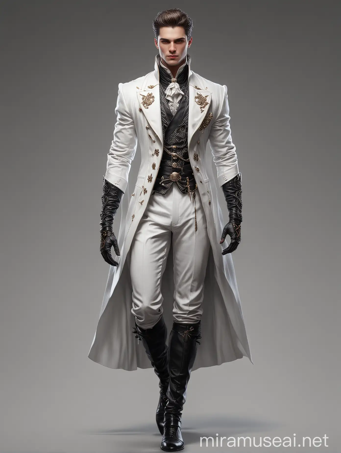 Elegant Male Fantasy Character in Royal White and Black Outfit