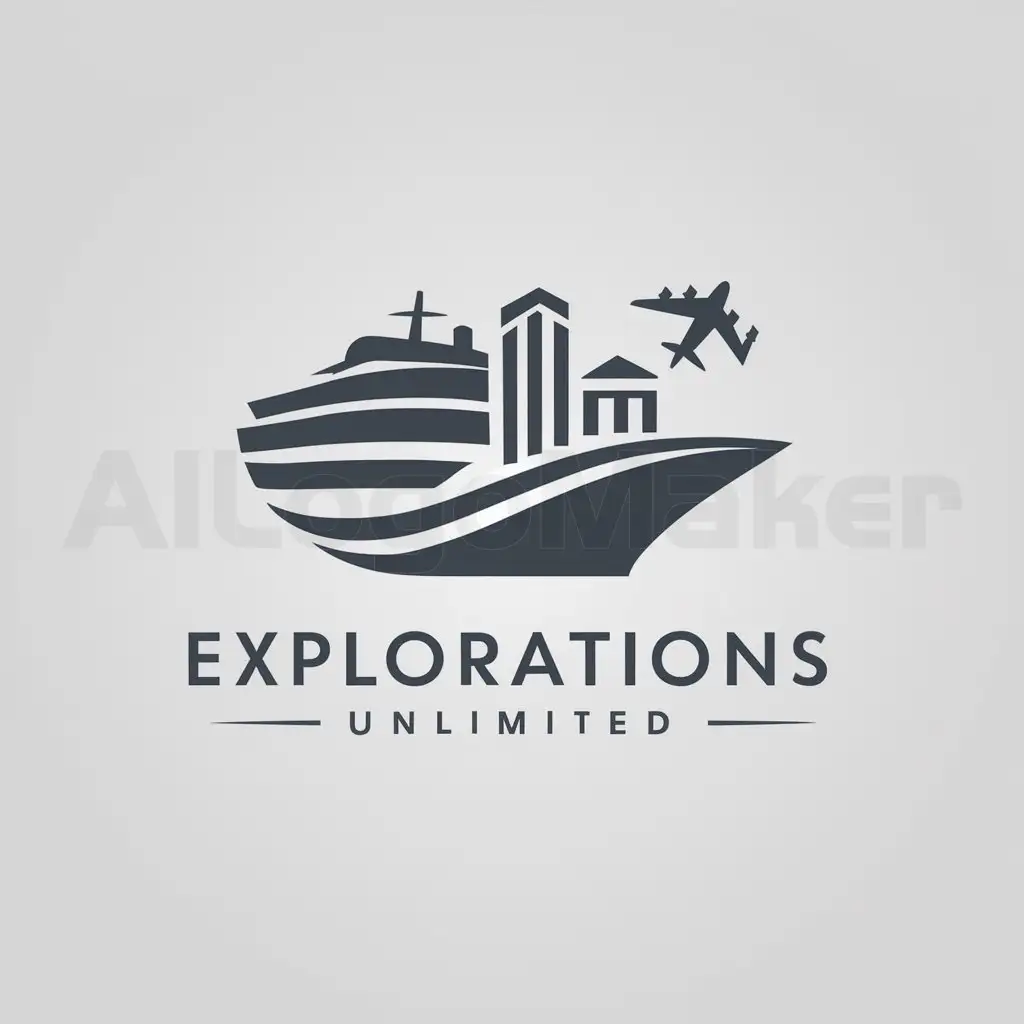 a logo design,with the text "explorations unlimited", main symbol:mixture of cruise ship, air plane, accommodation,Moderate,clear background