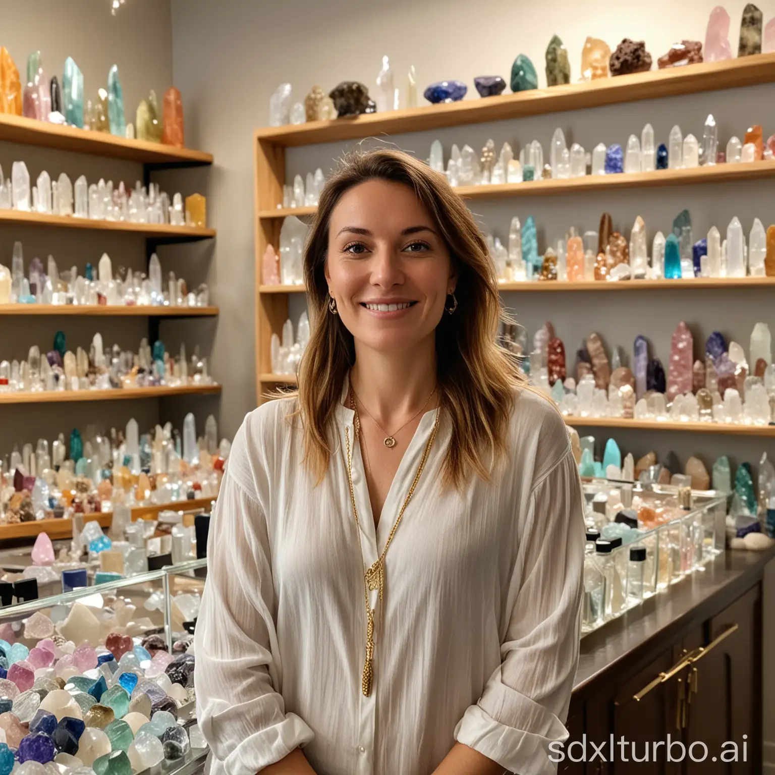 Emily Carter, co-founder of Vivaciao, high-quality crystals and healing jewelry brand, North American woman, elegant temperament, 8k quality, high quality, people photos, Look at crystal, more confident and natural, in a crystal shop