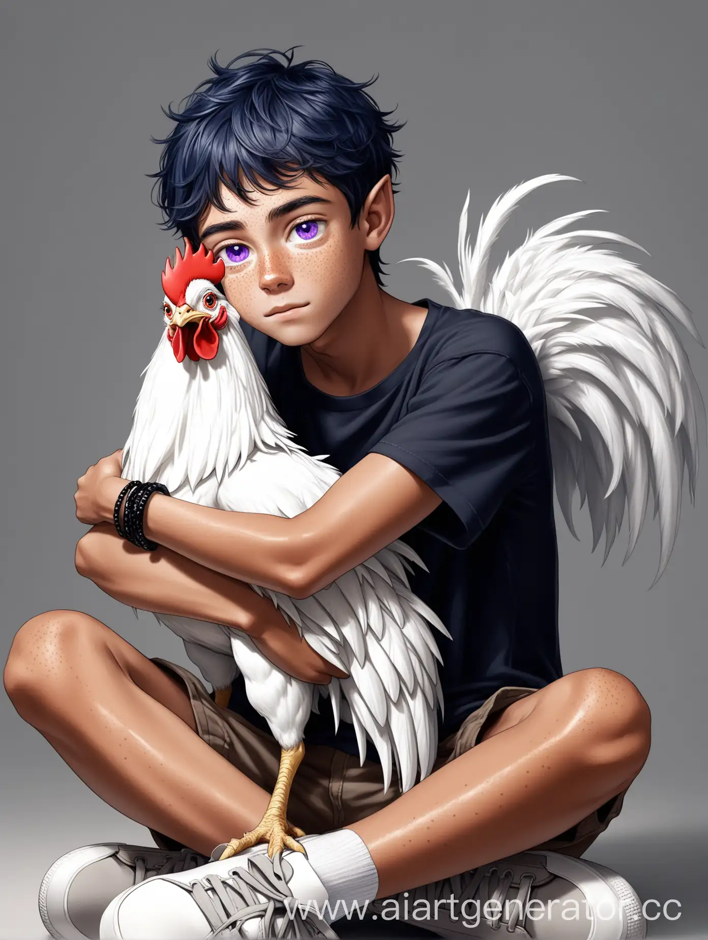 Teenage-Boy-with-Elven-Features-Hugging-and-Kissing-Beloved-White-Rooster