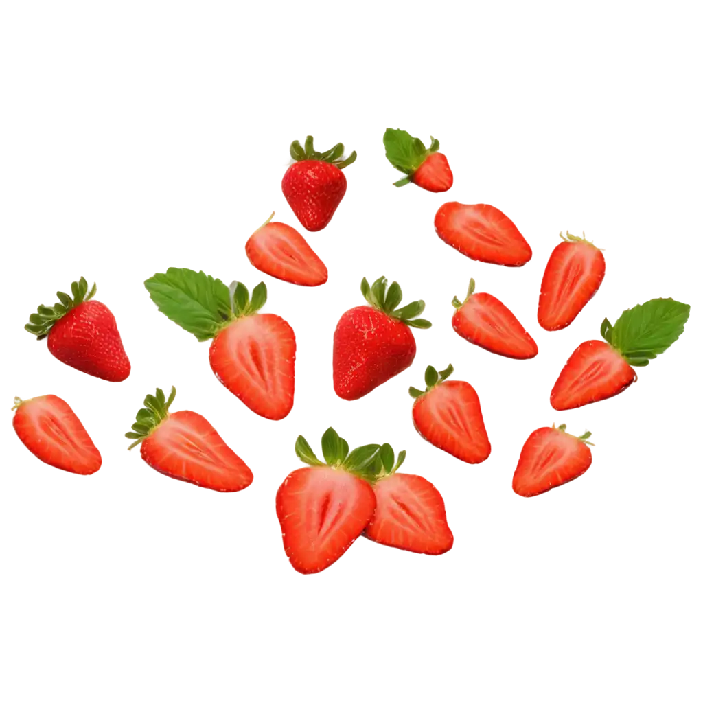 Strawberry with half slices falling or floating in the air with green leaves isolated on background, Fresh organic fruit with high vitamins and minerals