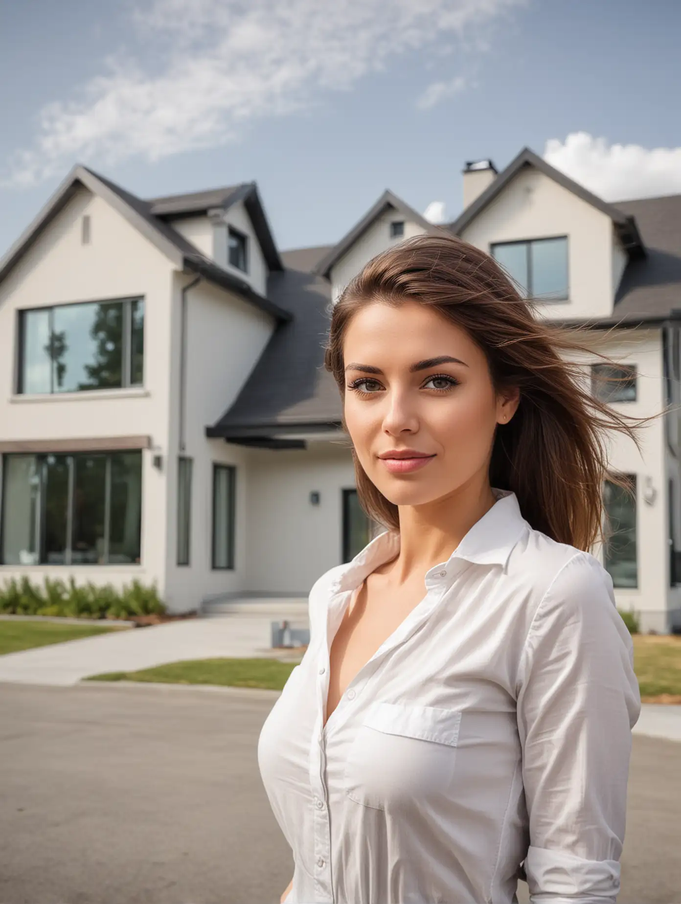 Stylish Woman Posing with Modern House in Background