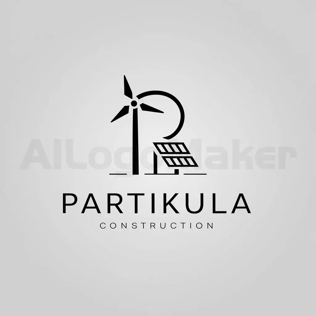 a logo design,with the text "Partikula", main symbol:Make the P in the name larger and symbolize the renewable energy namely wind turbines and solar panels,Minimalistic,be used in Construction industry,clear background