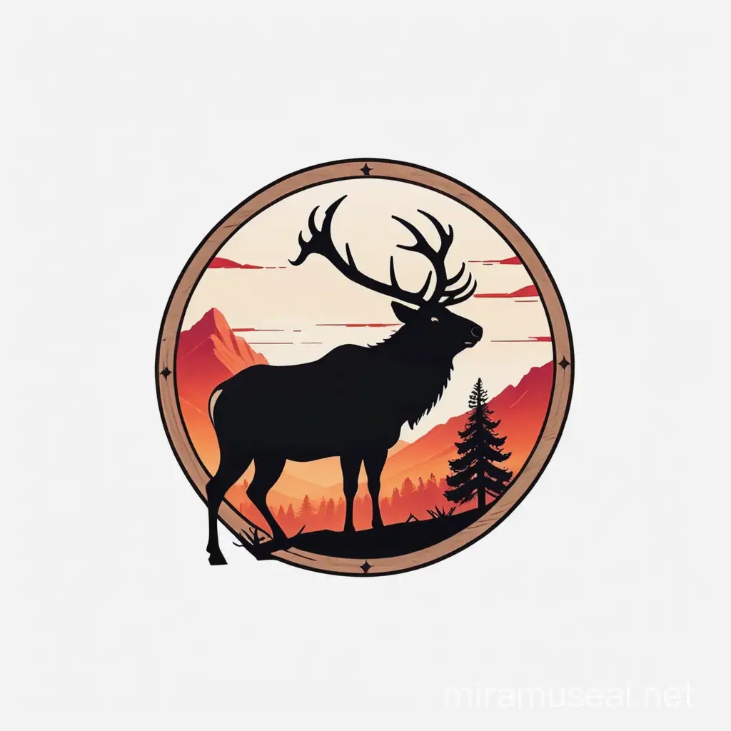 Design me a logo with no text on it and the Manzanita Post lodge from the video game Red Dead Redemption 2. It must display an elk bull on it.