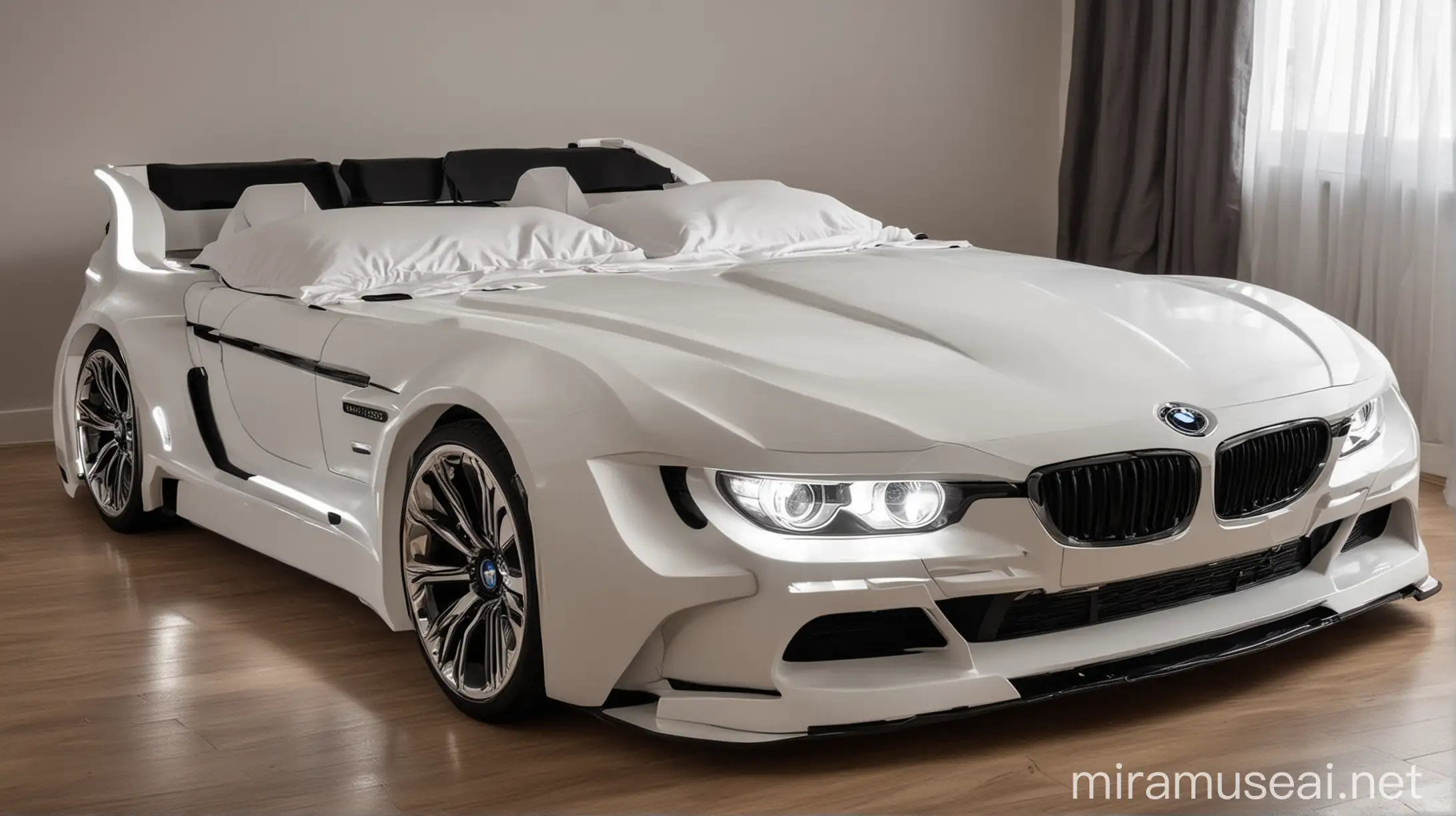 Двухспальная кровать в форме автомобиля марки БМВ с включенными фарами