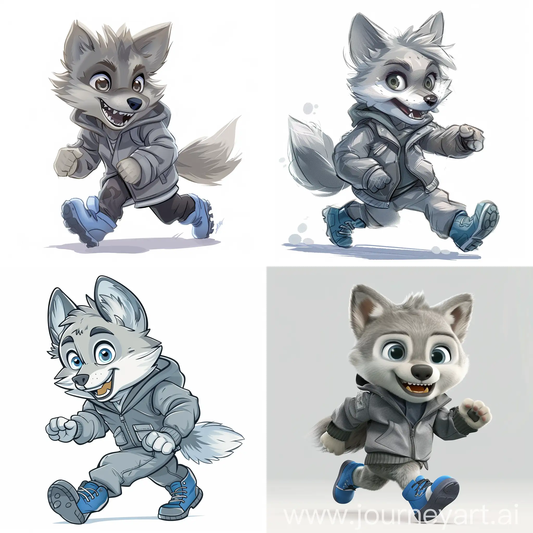 Cheerful-Gray-Wolf-Cub-Running-in-Stylish-Attire