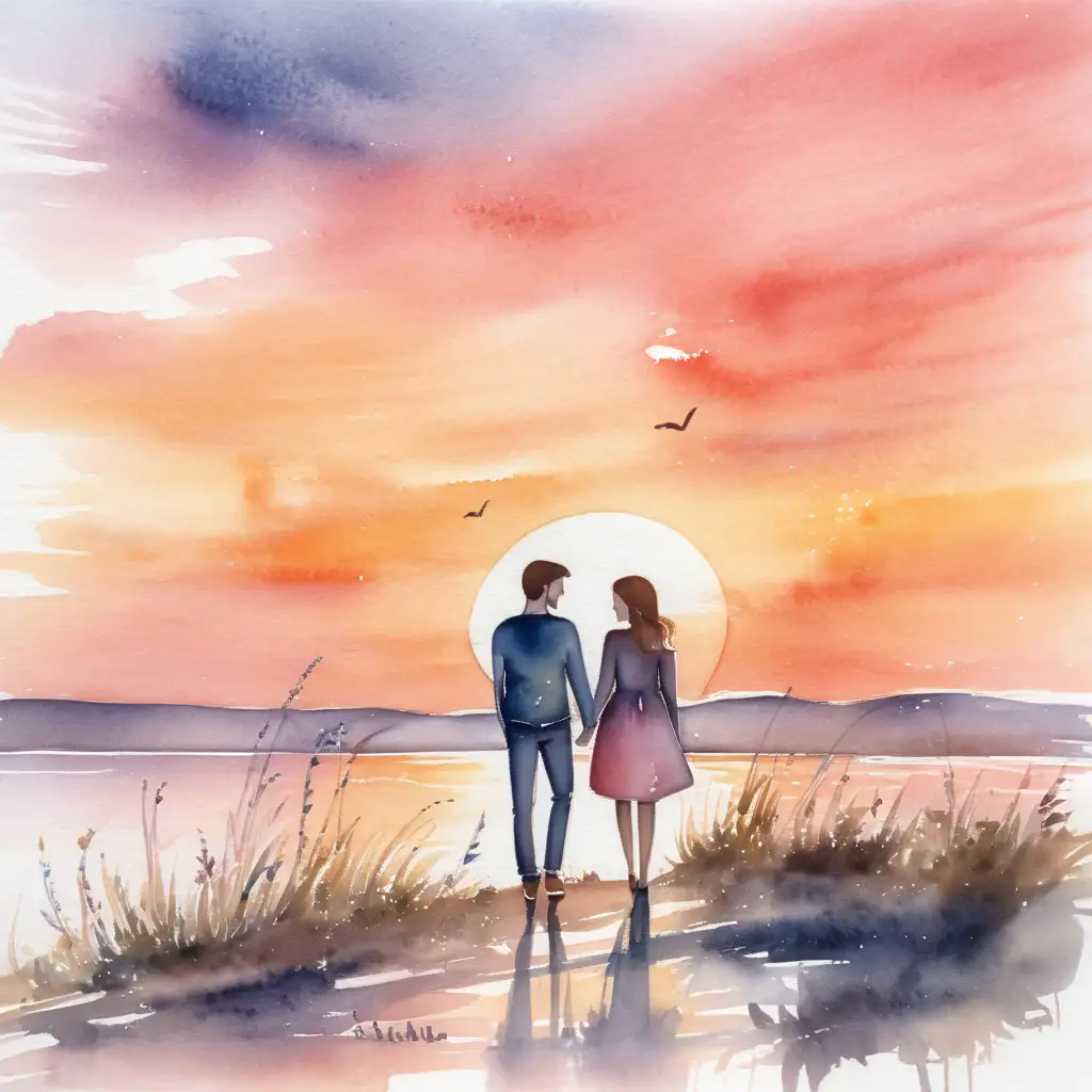 Romantic Couple Watching Sunset in Watercolor Style