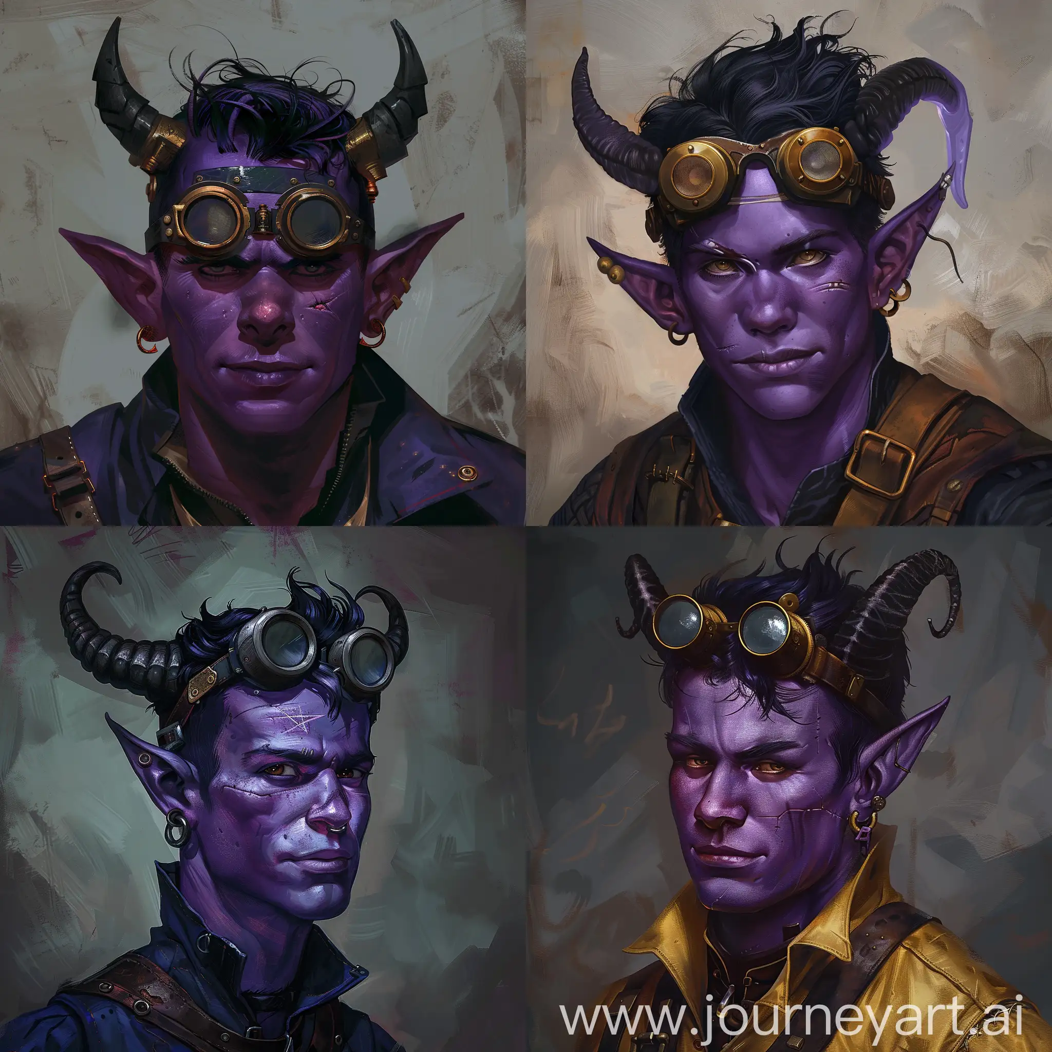 D&D portrait. A tiefling male artificer with violet skin, black hair, steampunk welder's googles on forehead. Straight horns, little scar on his face