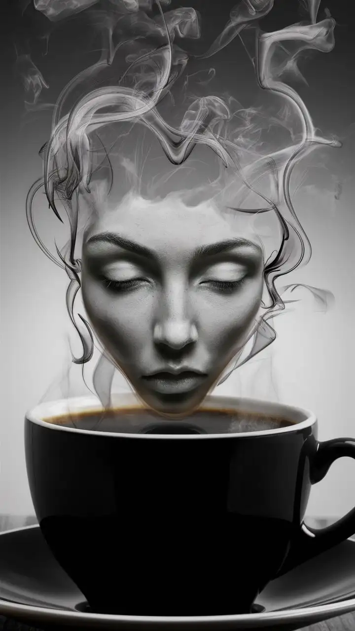 a cup of coffee, with steam rising from it. The steam forms an intriguing shape resembling a human face, as if the person is emerging from the steam itself.