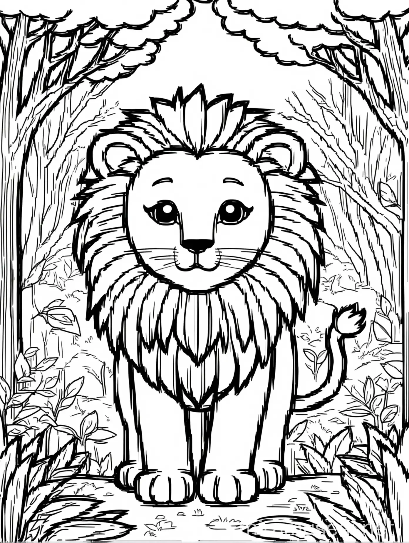 simple black line cute lion in the forest, black and white full page coloring book page for kids, simple, shapes with black lines printable, outlines art, thin lines, no shades, crisp lines -- style 4b--v4-, white background