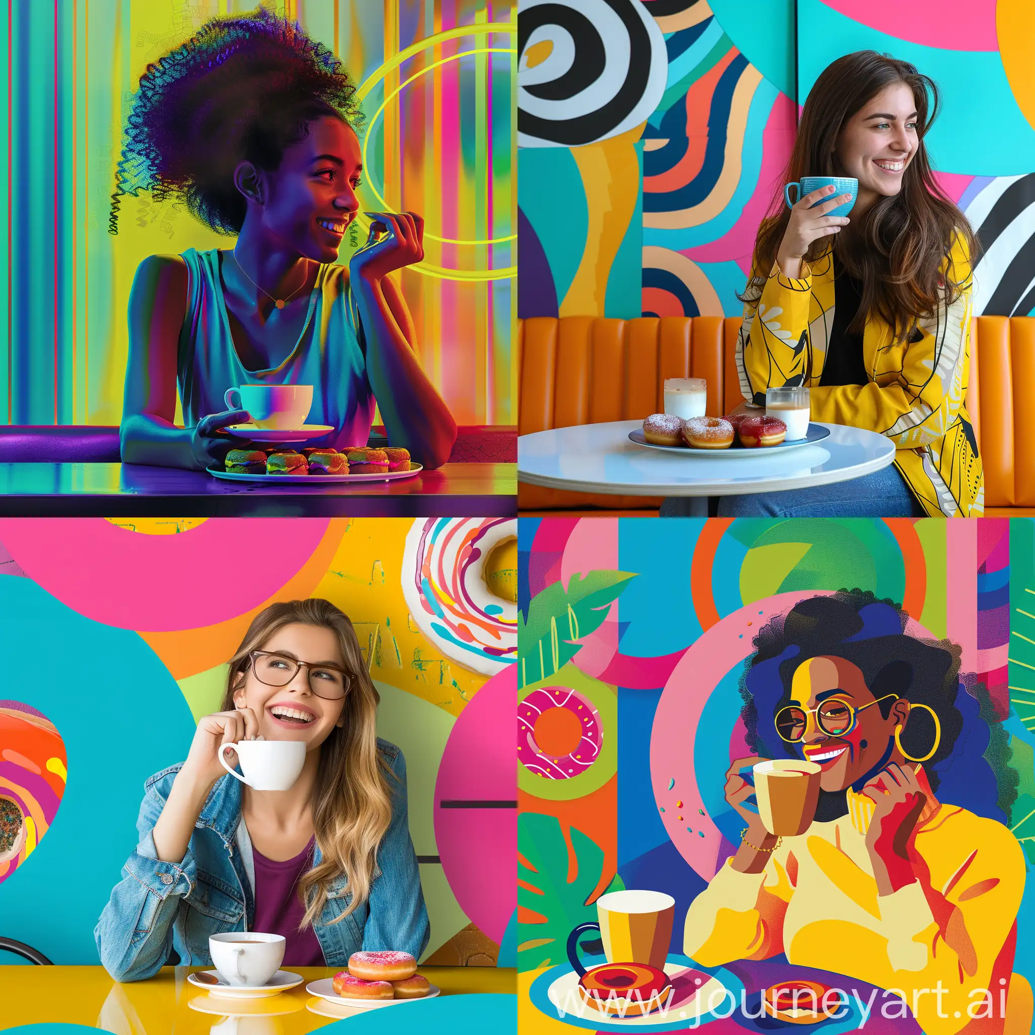 Create a vibrant and modern banner for a coffee shop called "Pulse Coffee." The scene should include a stylish, smiling woman enjoying a cup of coffee and a plate of appetizing donuts. The background should be lively with bright colors like electric blue, lime green, and vibrant orange, reflecting the energetic atmosphere of the café. The woman should be seated in a contemporary setting with sleek, modular furniture and neon accents. Ensure the coffee and donuts look delicious and inviting. The overall mood should be dynamic and appealing, emphasizing the lively and modern vibe of Pulse Coffee.