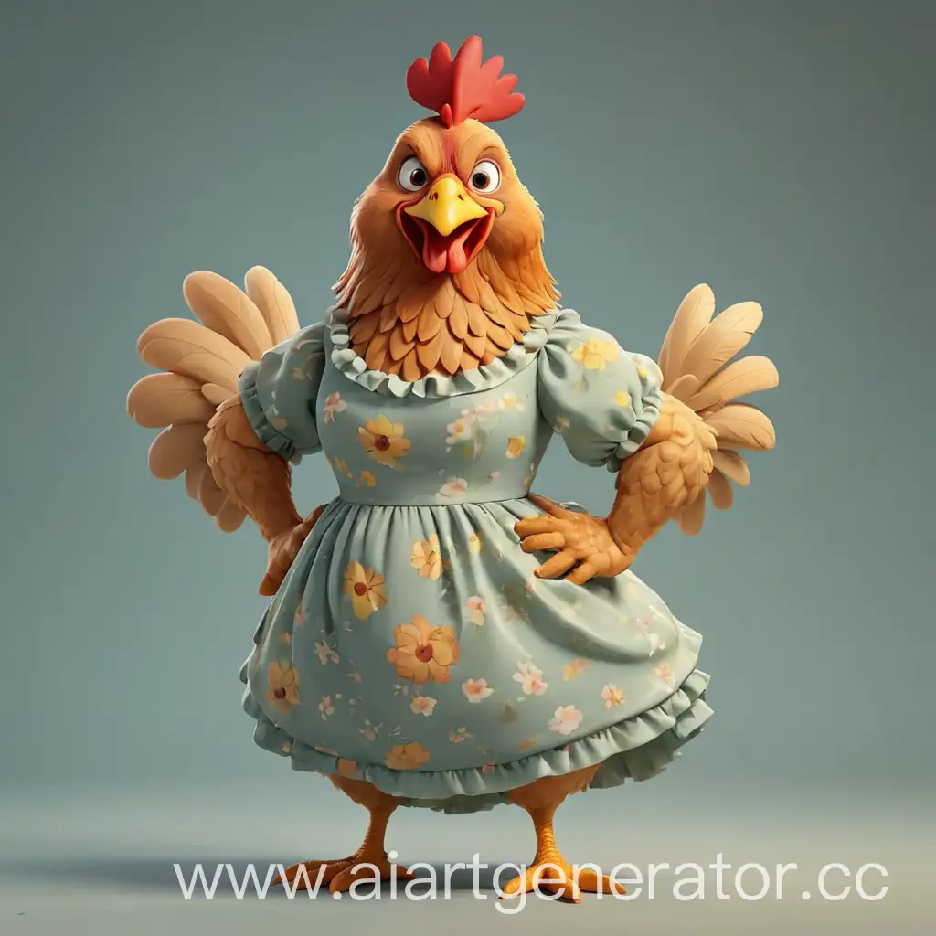 Whimsical-Cartoon-Chicken-Wearing-a-Colorful-FullLength-Dress