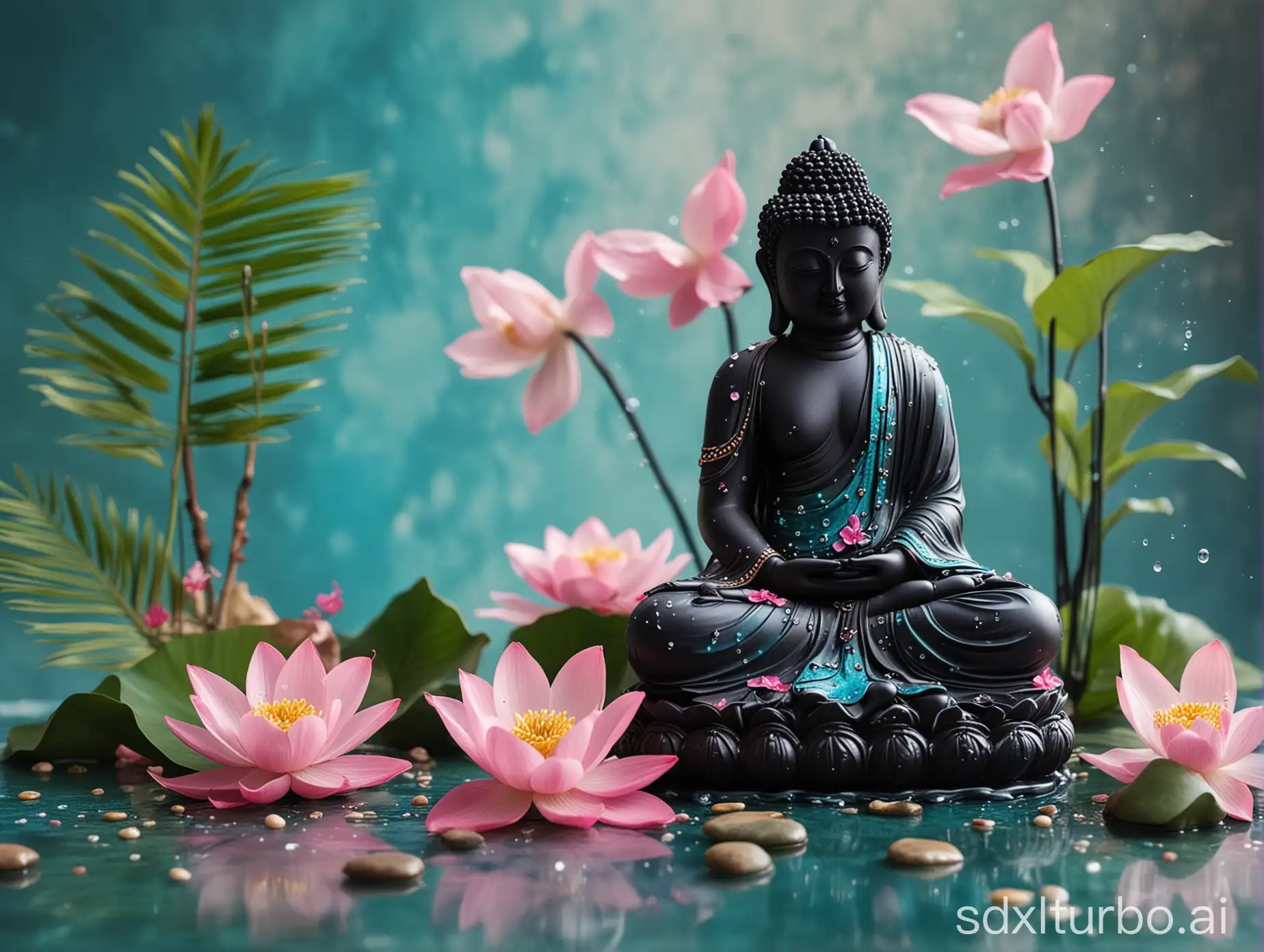 small black Buddha statue aqua blue and pink draped sheets, pink and green small lotus flowers, palm branch, pink butterflies, small transparent water droplets, stones, incense,