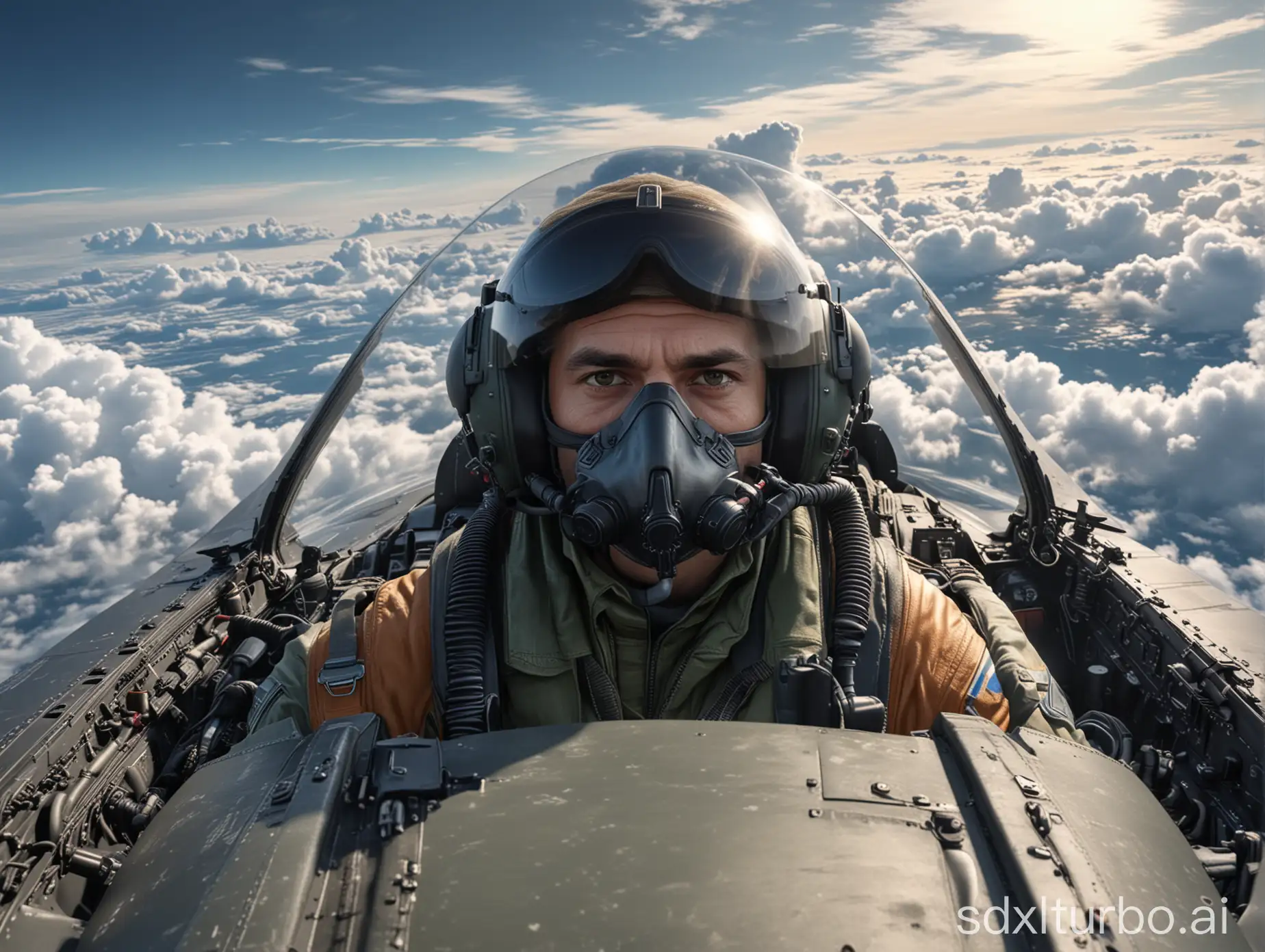 pilote de chasse dans le cockpit de son avion de chasse, vue de face, vitre de la verrière visible, au dessus des nuages, hyper détaillé, 8k, hyper réaliste