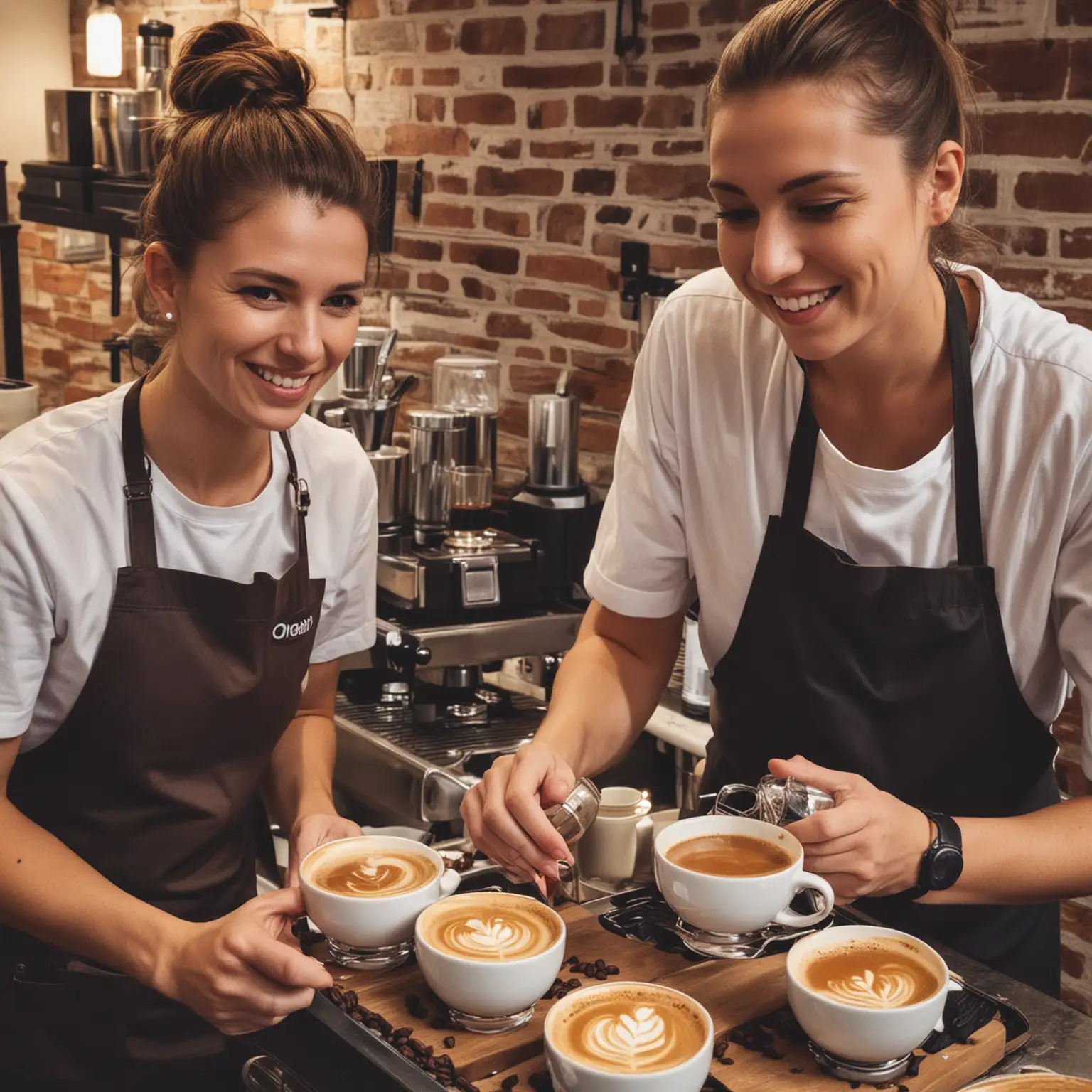 Imágenes de baristas preparando un par de tazas de café de origen. 