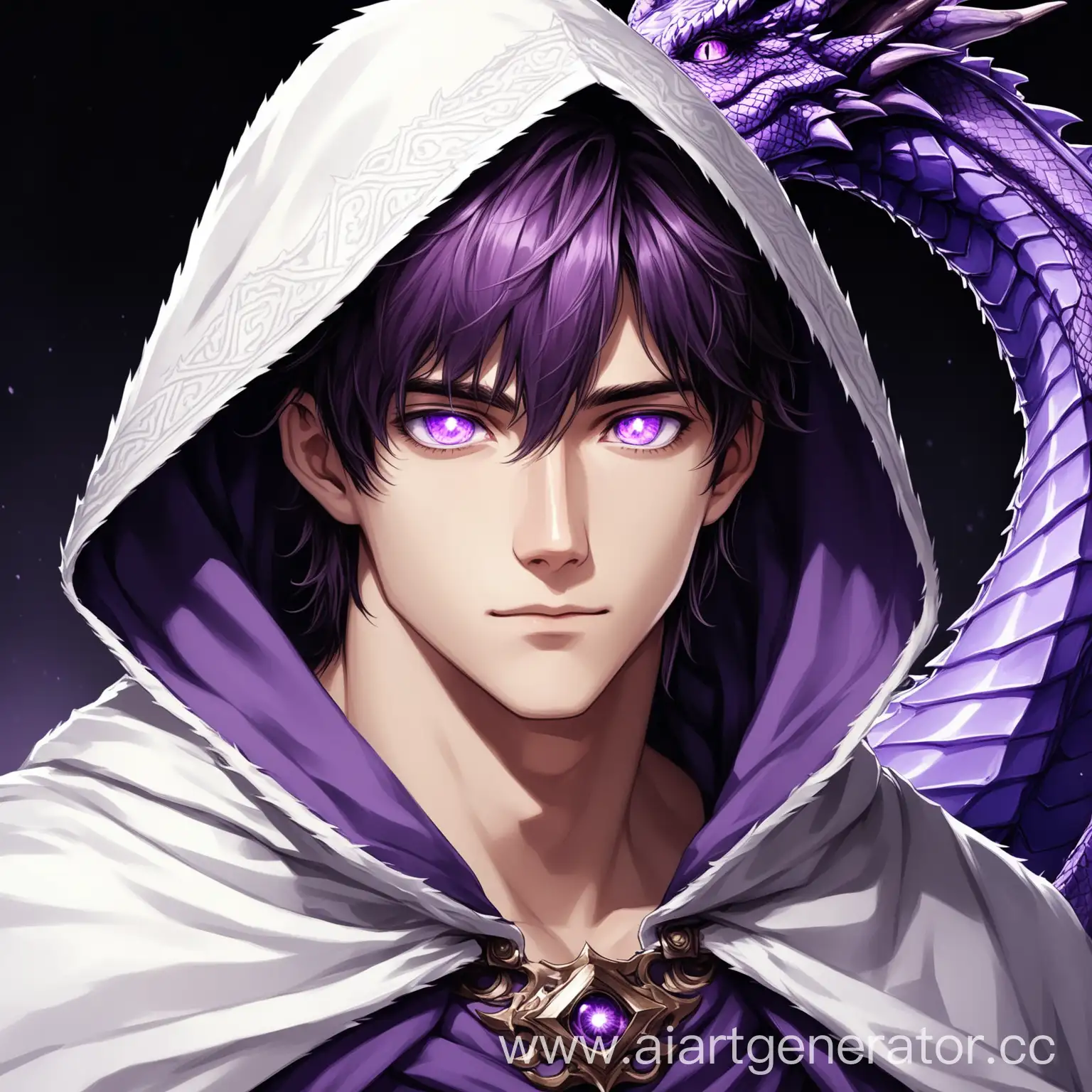 25-летний красивый мужчина с фиолетовыми драконьими глазами, одетый в бело-фиолетовый плащ с капюшоном.