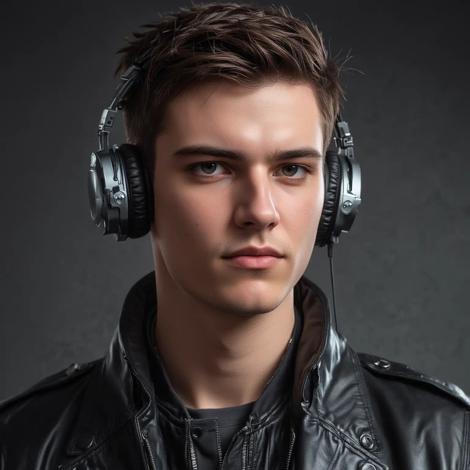 a handsome American youth wearing a black leather jacket, a latest Sony headphone around his neck, looking like a cyberpunk style, he is playing games, close-up of the face