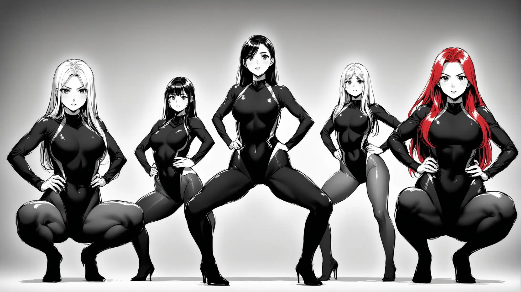 Diverse Group of Women in Black Leotards and Gray Tights Squatting Poses