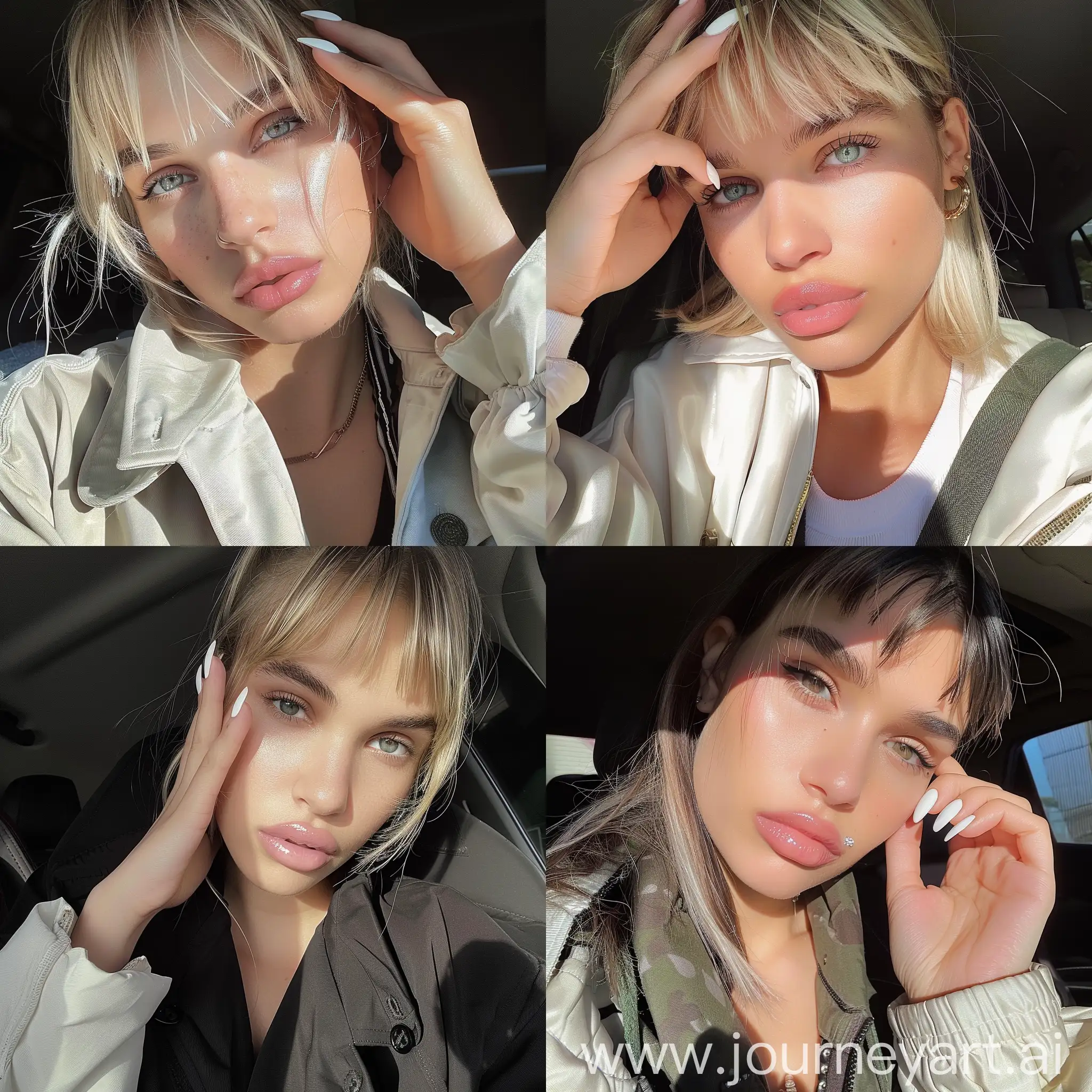 Instagram selfie of a super model girl, bangs, white gel nail polish