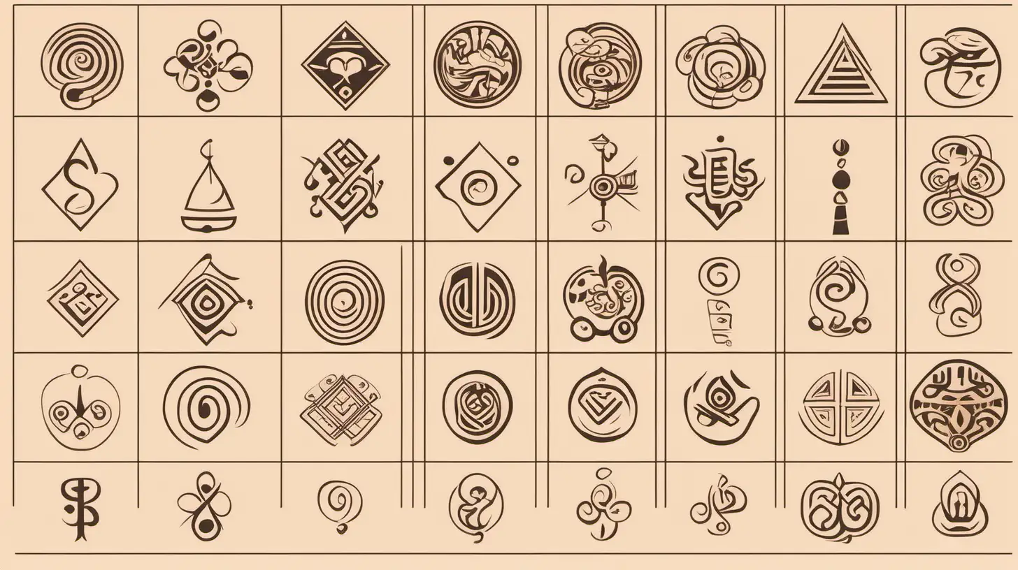 create a chart of element symbols for an ancient culture, no background