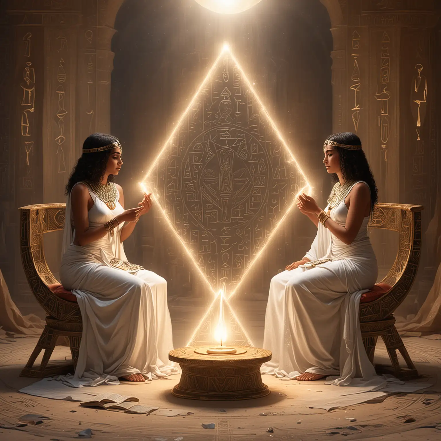 two Egyptian priestess's looking at one another. One of them reading a scroll of light codes. Triangle with circle on clothing. Crystal chair. Divine white light. Sharing wisdom and love 