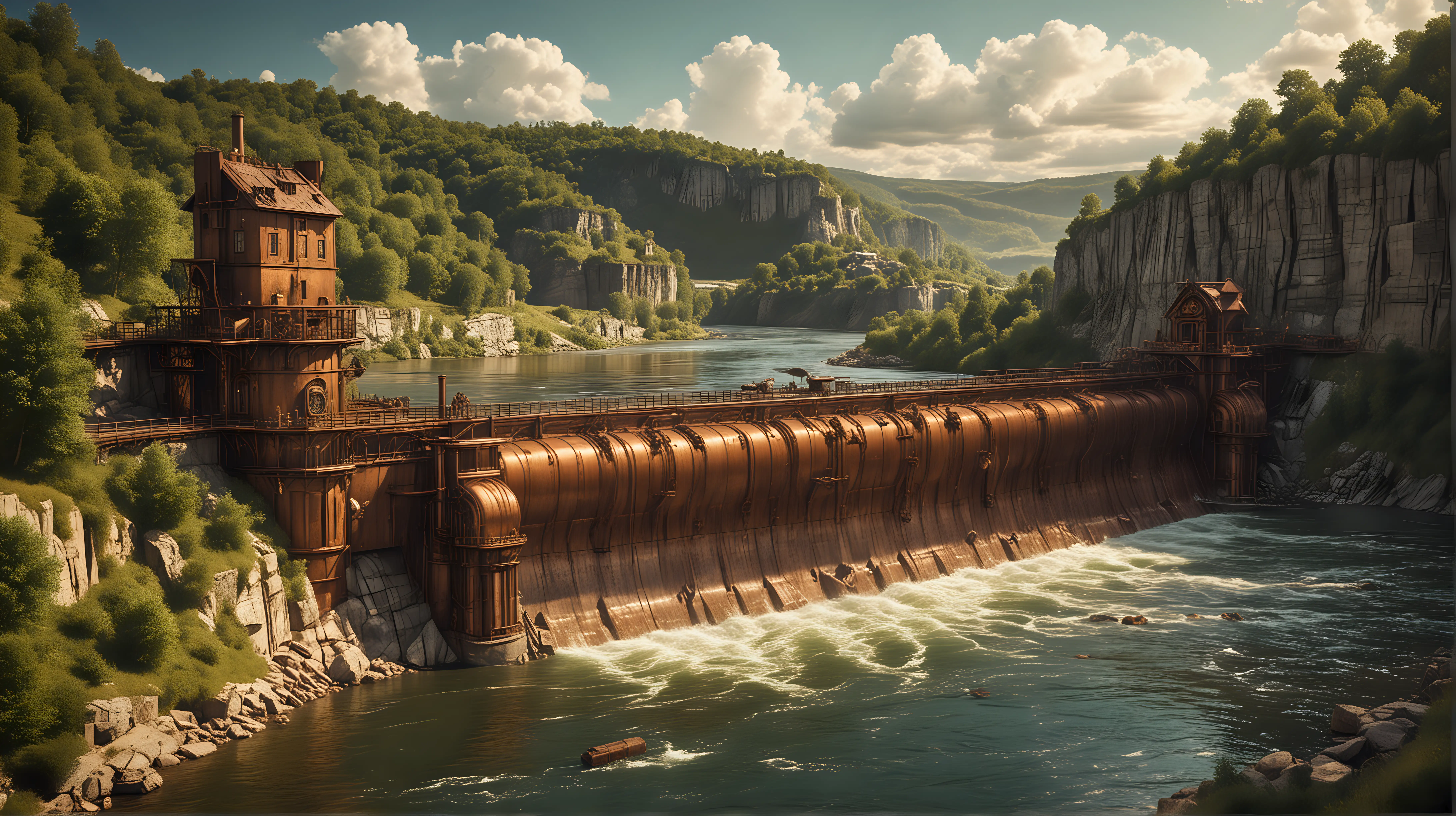 a great steampunk dam on a wide and troubled river, copper, gold, glass, beautiful weather, distand view