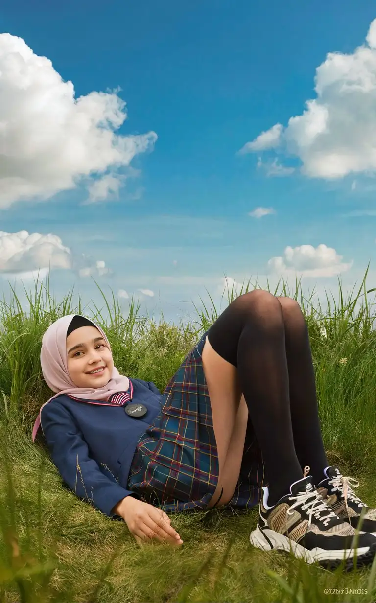A 16 years old girl. She wears a hijab, school skirt, black opaque tights, sport shoes. Lie on the grass