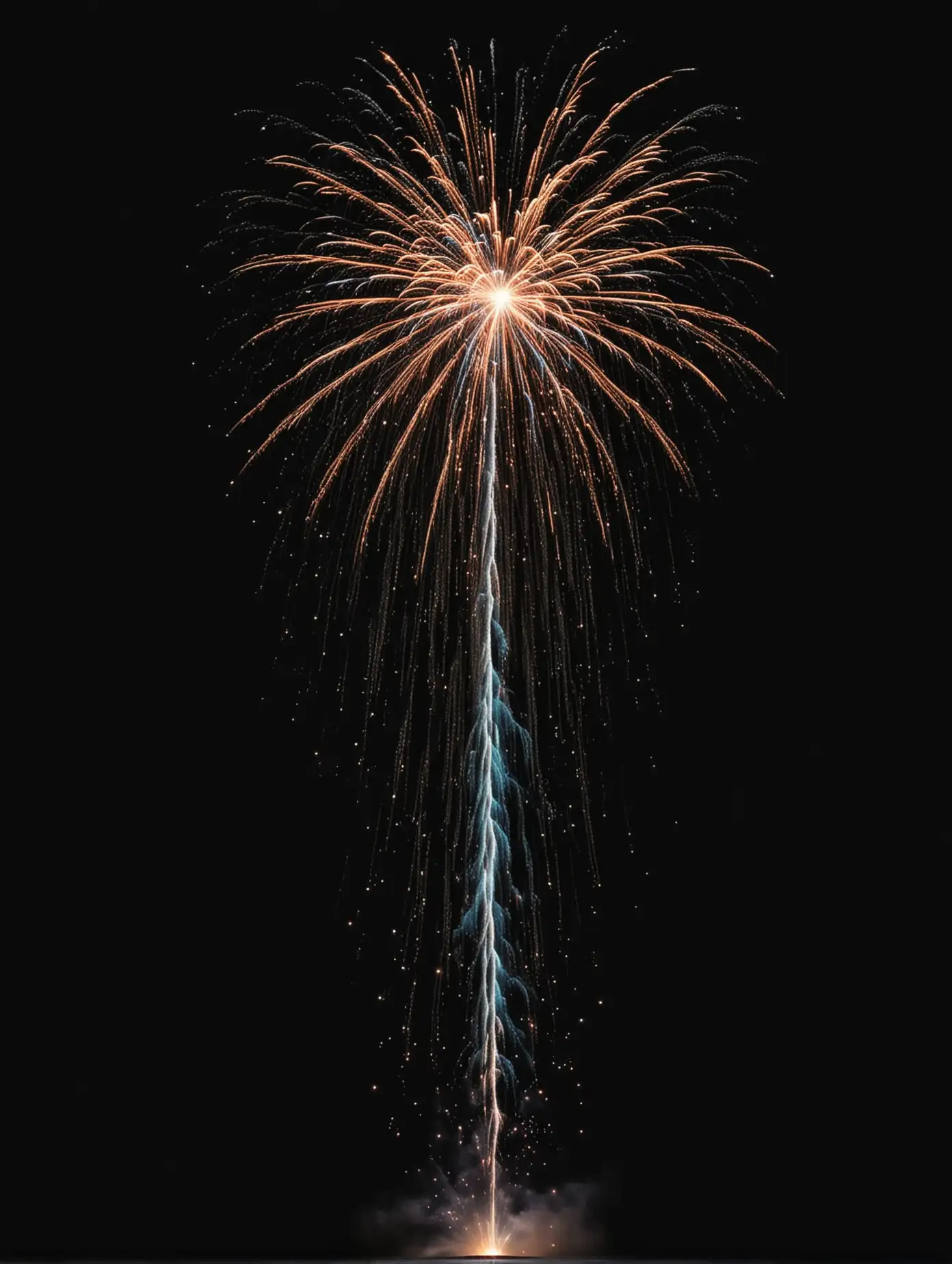 long falling, cascading firework falling with pure black background all within photo