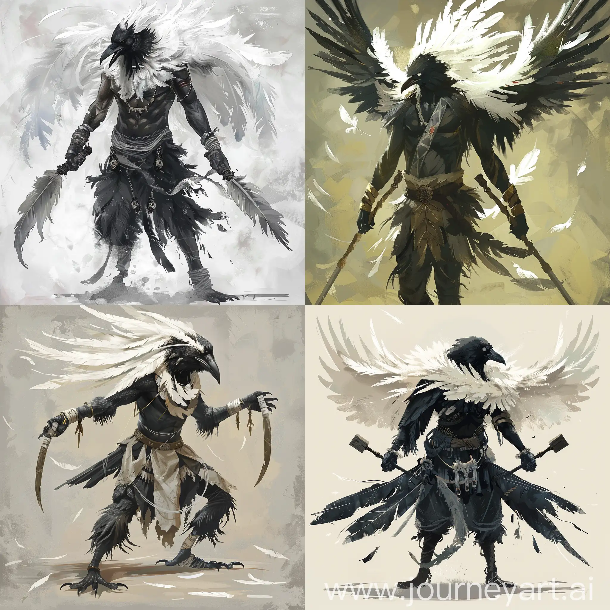 A man/crow hybrid with white feathers, weilding two ceremonial daggers.