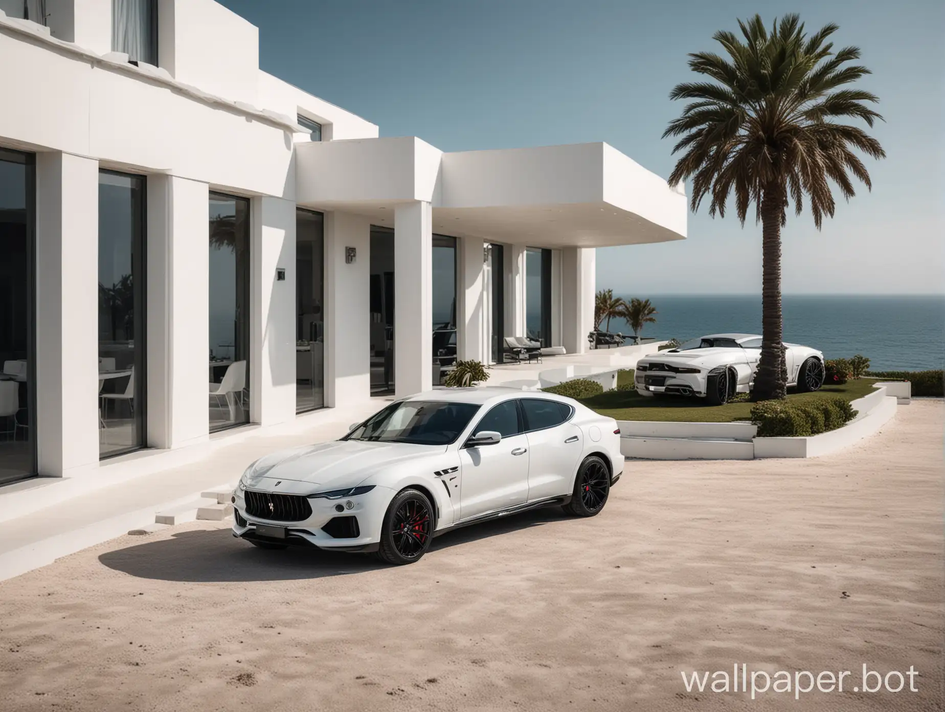 A wallpaper showcasing a luxury lifestyle, with a modern minimalistic villa close by the sea, a white maserati levante novitec and a white Lamborghini Revuelto parked in front