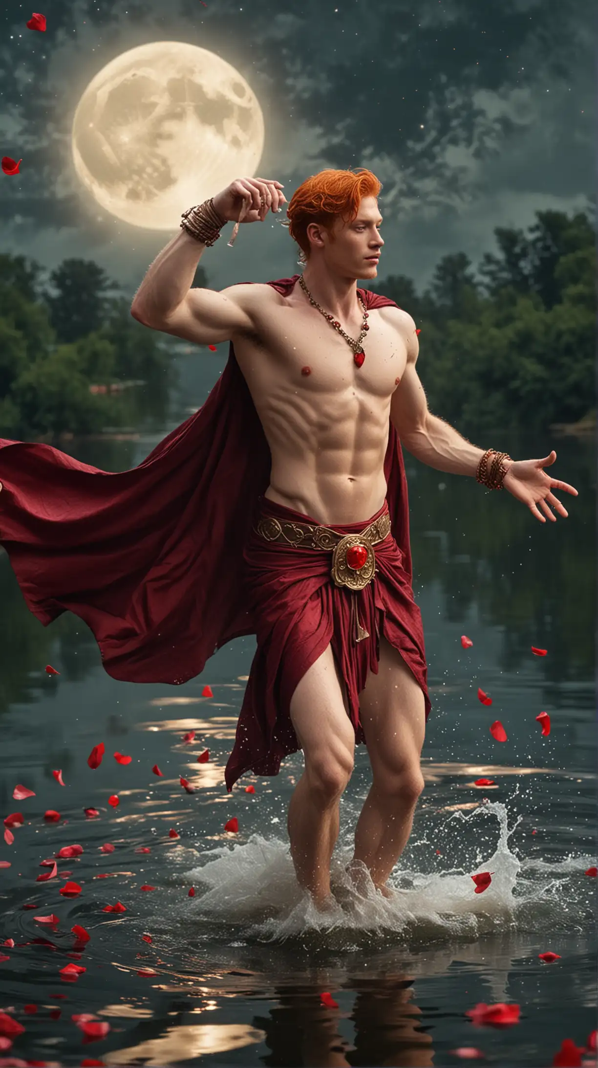 A handsome 1950s redhead drenched shirtless warrior mage donning only his wine red cape, ruby bracelets and loincloth. He is flying over a quiet lake. Rose petals swirling around him as he soar into the full moon night