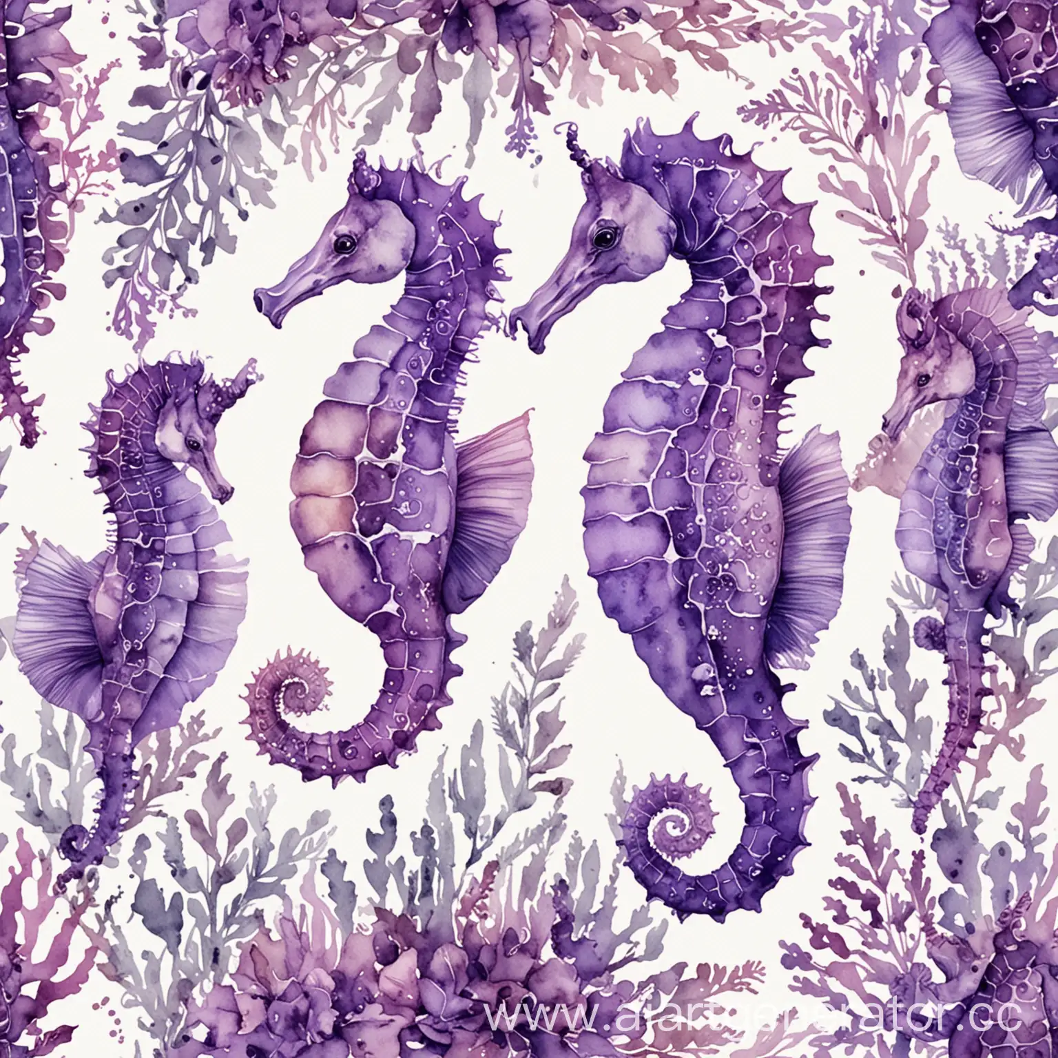 монокомпозиция из маленьких морских коньков в фиолетовых оттенках акварелью