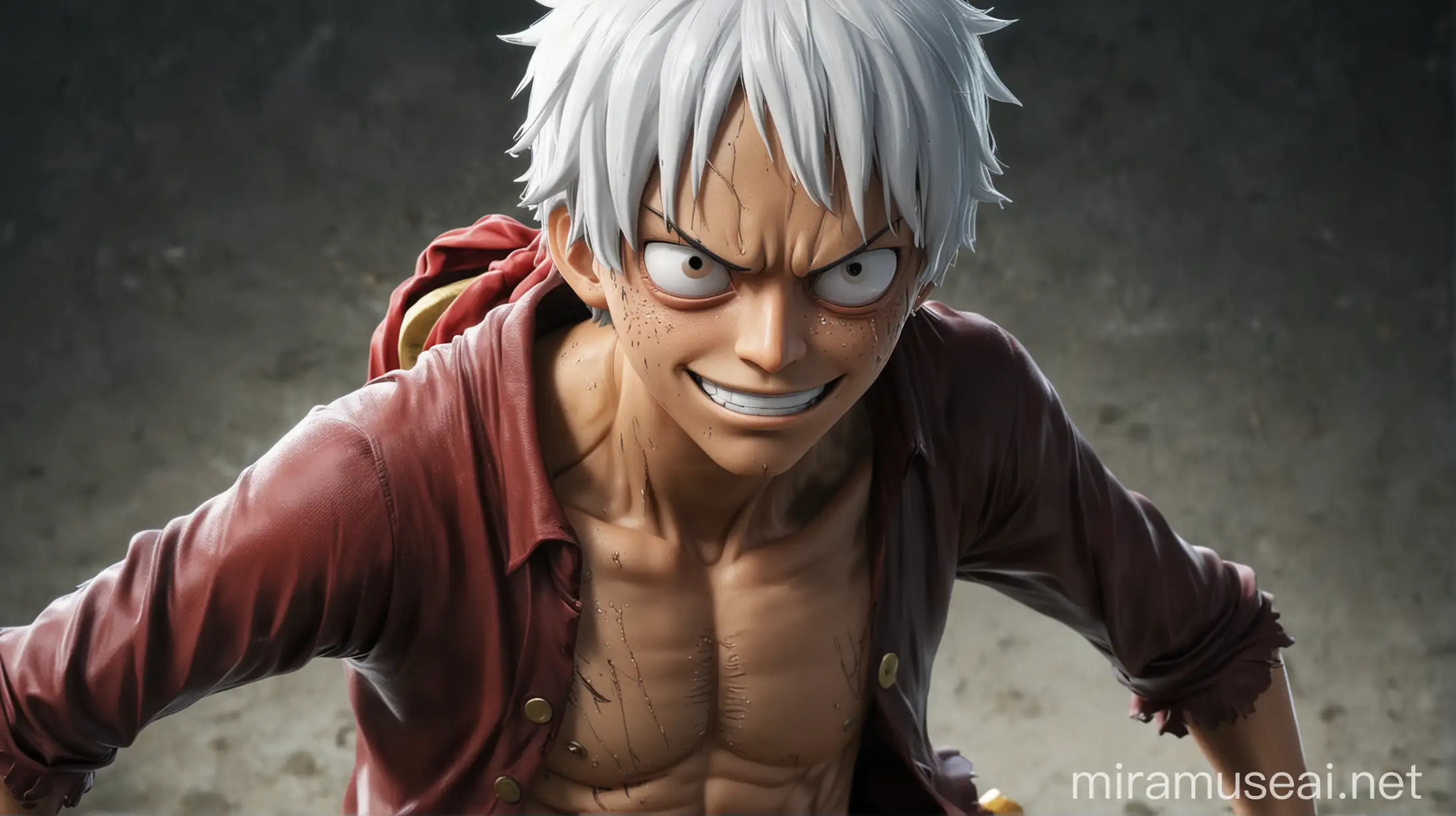 Luffy with white hair, anime one piece show only the head and hair make his body fully visible