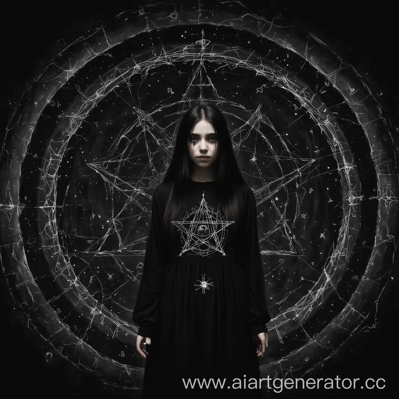 Девушка в чёрной одежде длинной стоит в темноте, на её руках портал из пентаграммы, она среди мёртвых душ, глаза её, чёрные