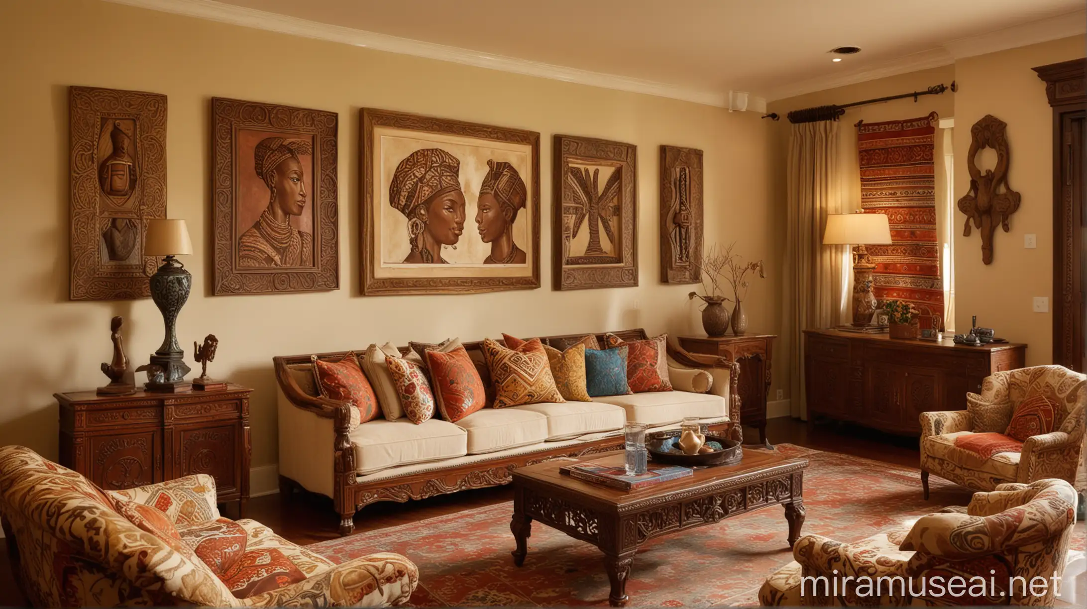 

"The living room is warmly lit, with cream-colored walls adorned with vibrant African prints and a few framed family photos. A plush sofa and armchairs in a rich brown color form a cozy seating area, accompanied by a coffee table with intricate carvings. A flat-screen TV stands against one wall, while a beautifully crafted wooden shelf displays decorative items and souvenirs. The room exudes a sense of comfort, culture, and family bonding."