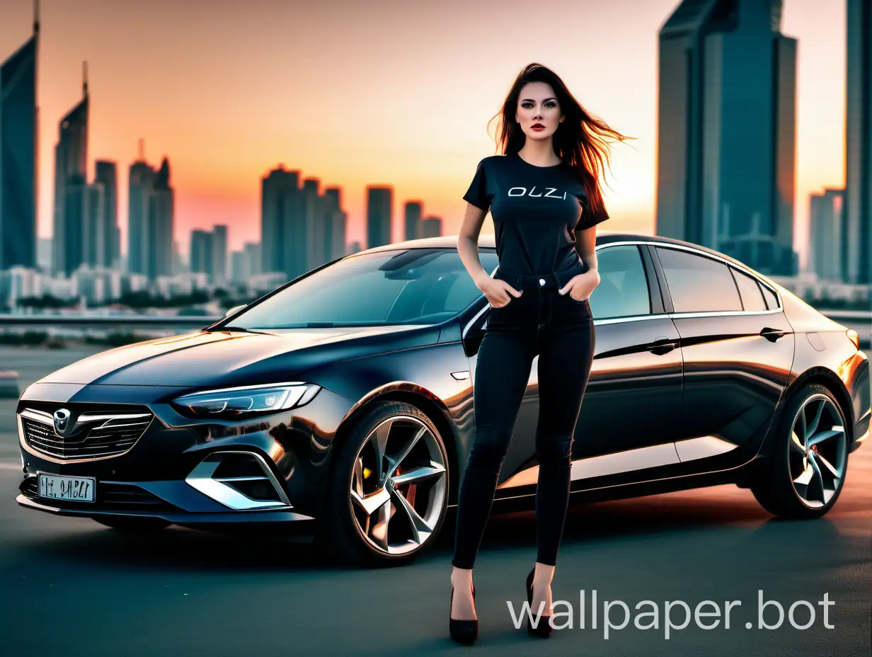 Darkhaired-Woman-in-Black-TShirt-and-Jeans-Standing-by-Grey-Opel-Grandsport-in-Futuristic-Sunset-Cityscape