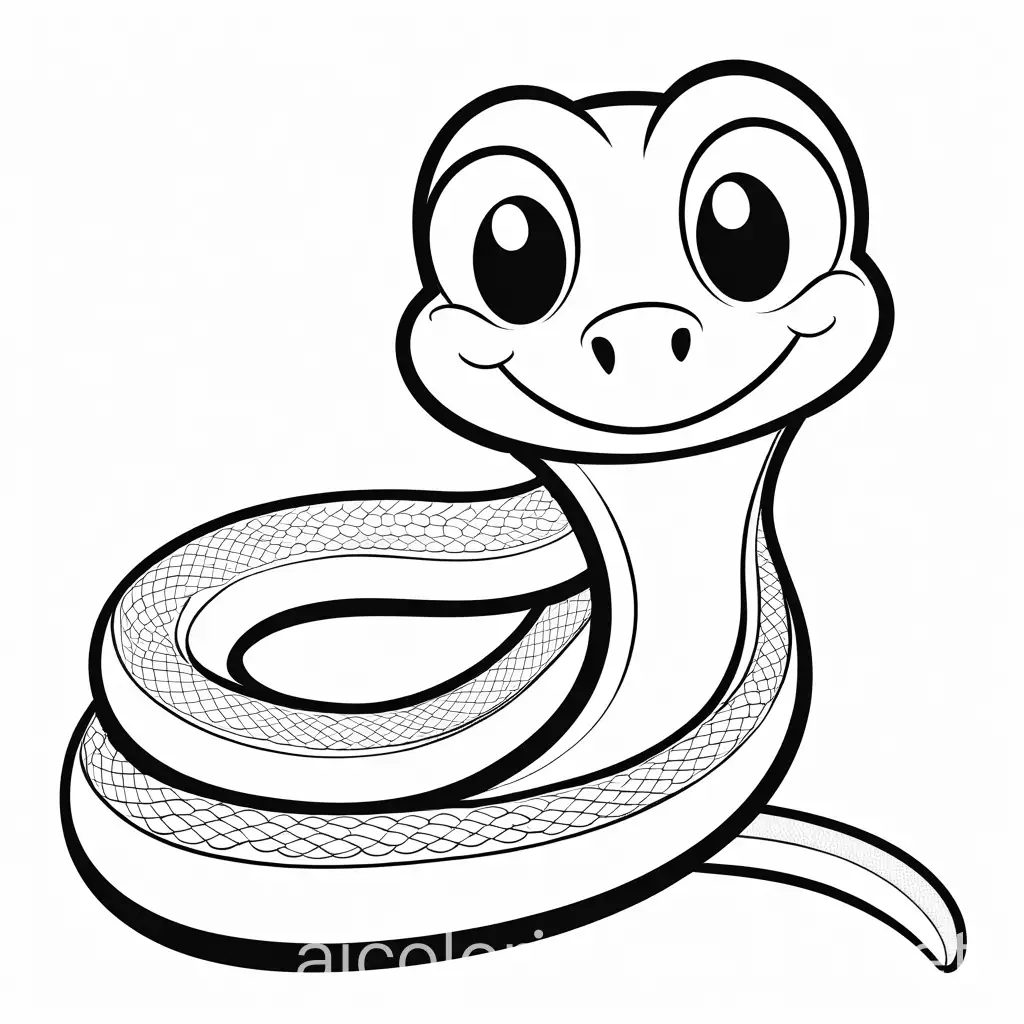a coloin imae of a smily snake for children, with white background and a simple likely cartoon image , Coloring Page, black and white, line art, white background, Simplicity, Ample White Space
