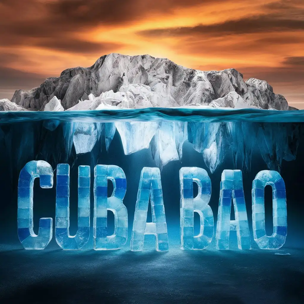 In a giant iceberg's shadow, clear ice blocks form the letters of 'cubaobao' standing upright at the foot of the iceberg, the color is deep blue to light blue gradient transparent, the sky is orange-yellow evening glow reflecting on the ice blocks