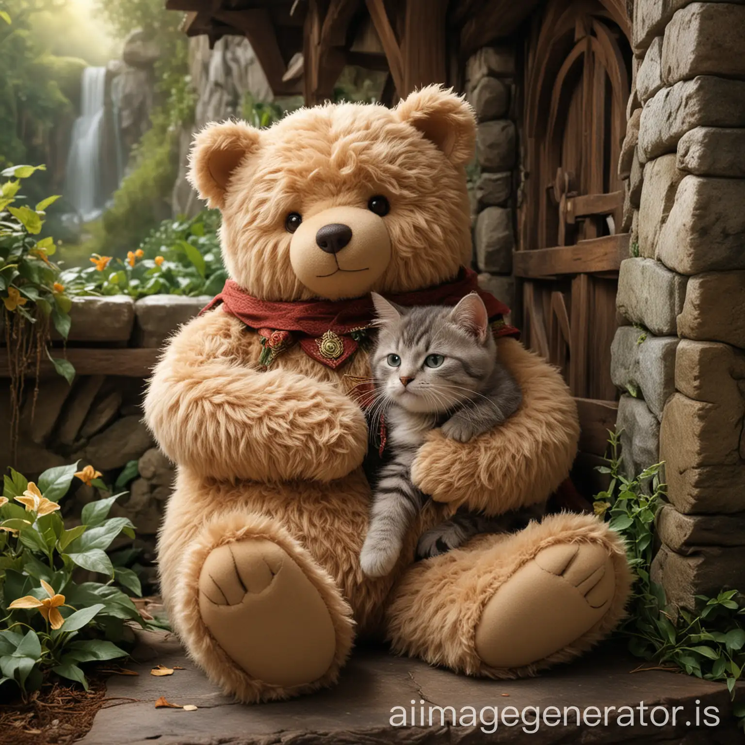 Teddy bear and cat cuddling in Rivendell