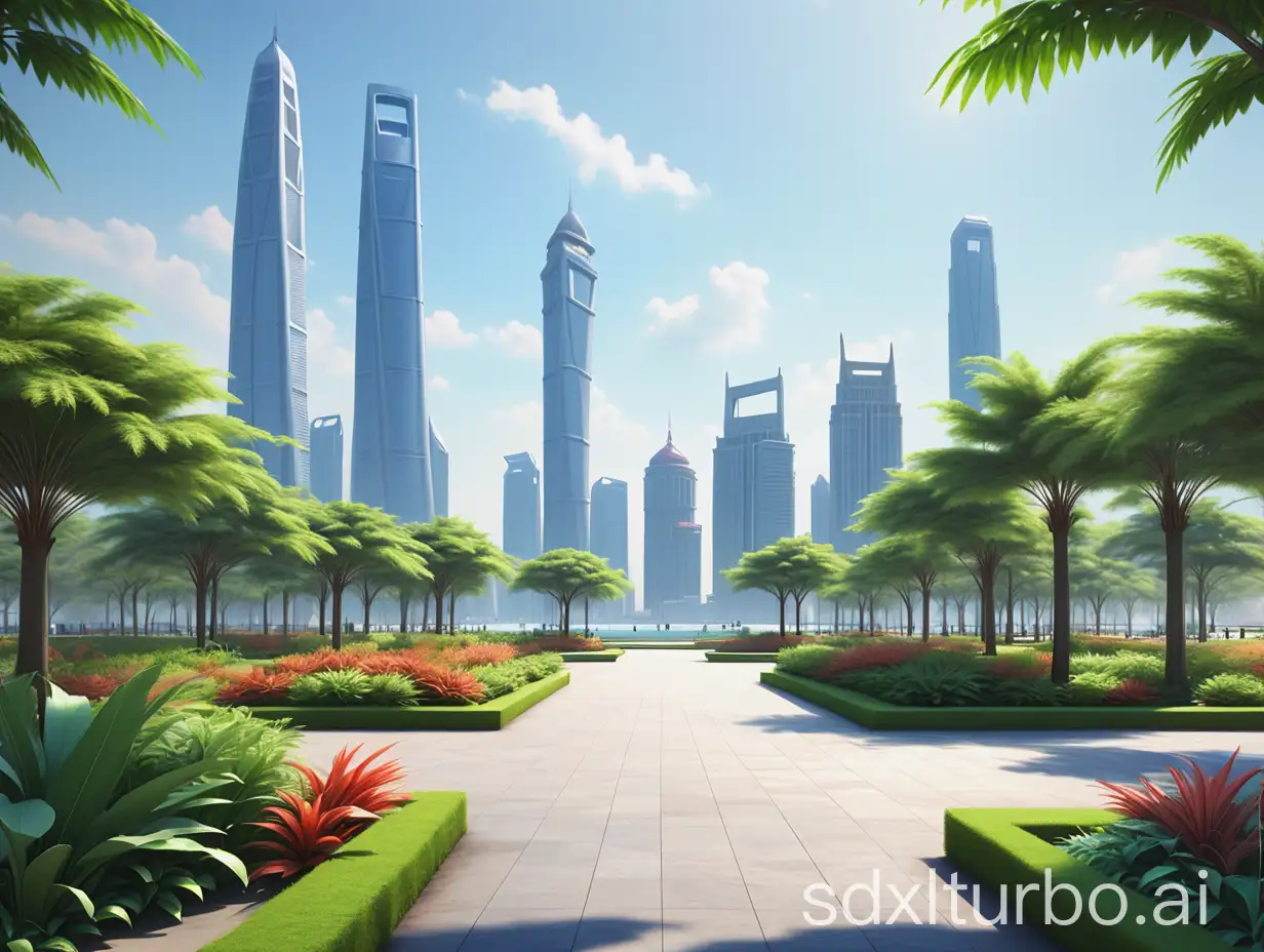 Natural landscape painting, seaside park, empty plaza of the park, distant view of the sea with skyscrapers, similar to the Shanghai sea view, sunny weather, many tropical plants in the park, 3d rendering, pay attention to details, game art style