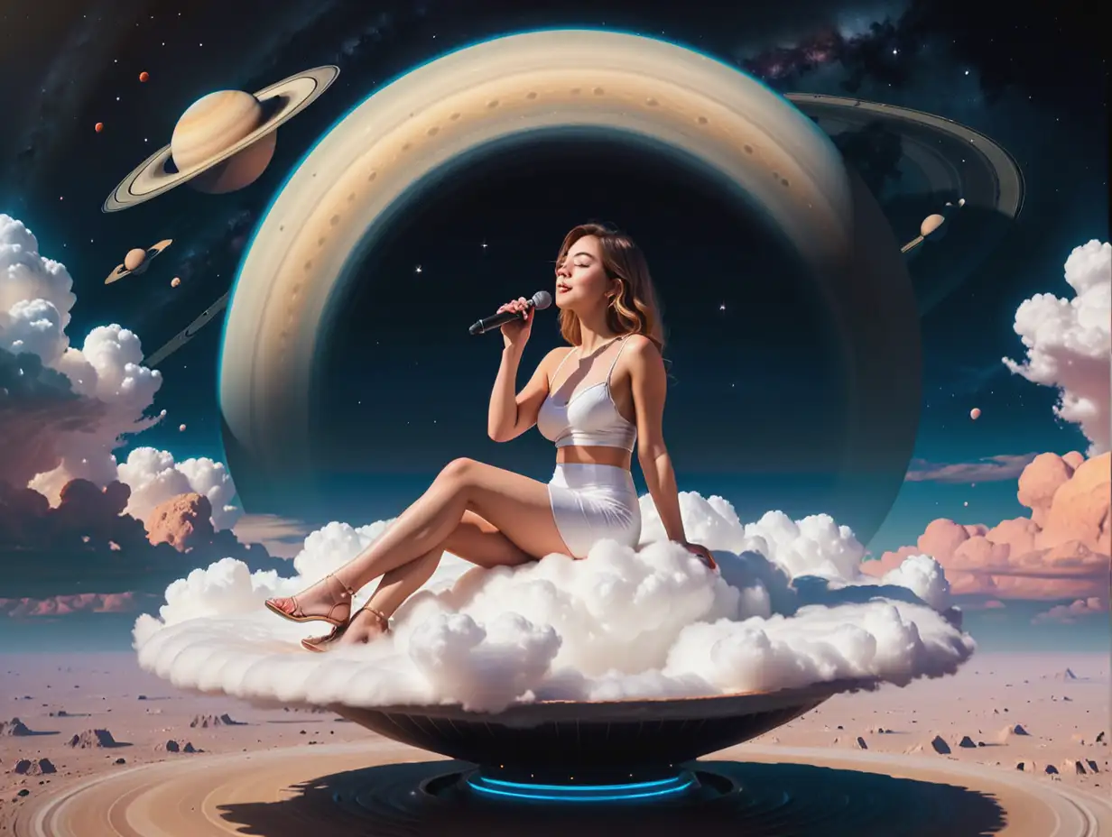 Celestial Serenade Female Singer Sitting on a Cloud Above Saturn