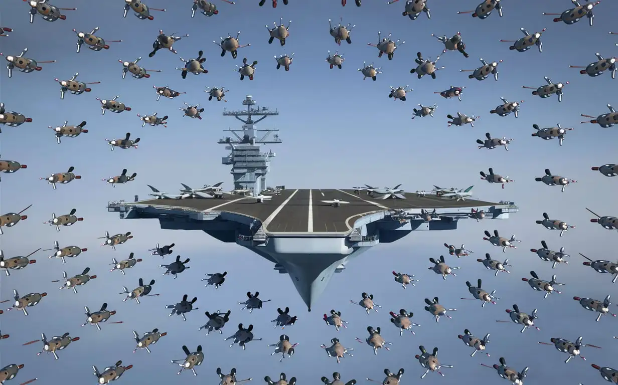 A REAL aircraft carrier is depicted with a swarm of small drones hovering above it. The drones are arranged in precise formations, hinting at advanced control systems. The carrier itself is sleek and modern, with cutting-edge aircraft on the deck. The sky is clear, providing a stark contrast to the high-tech activity below.