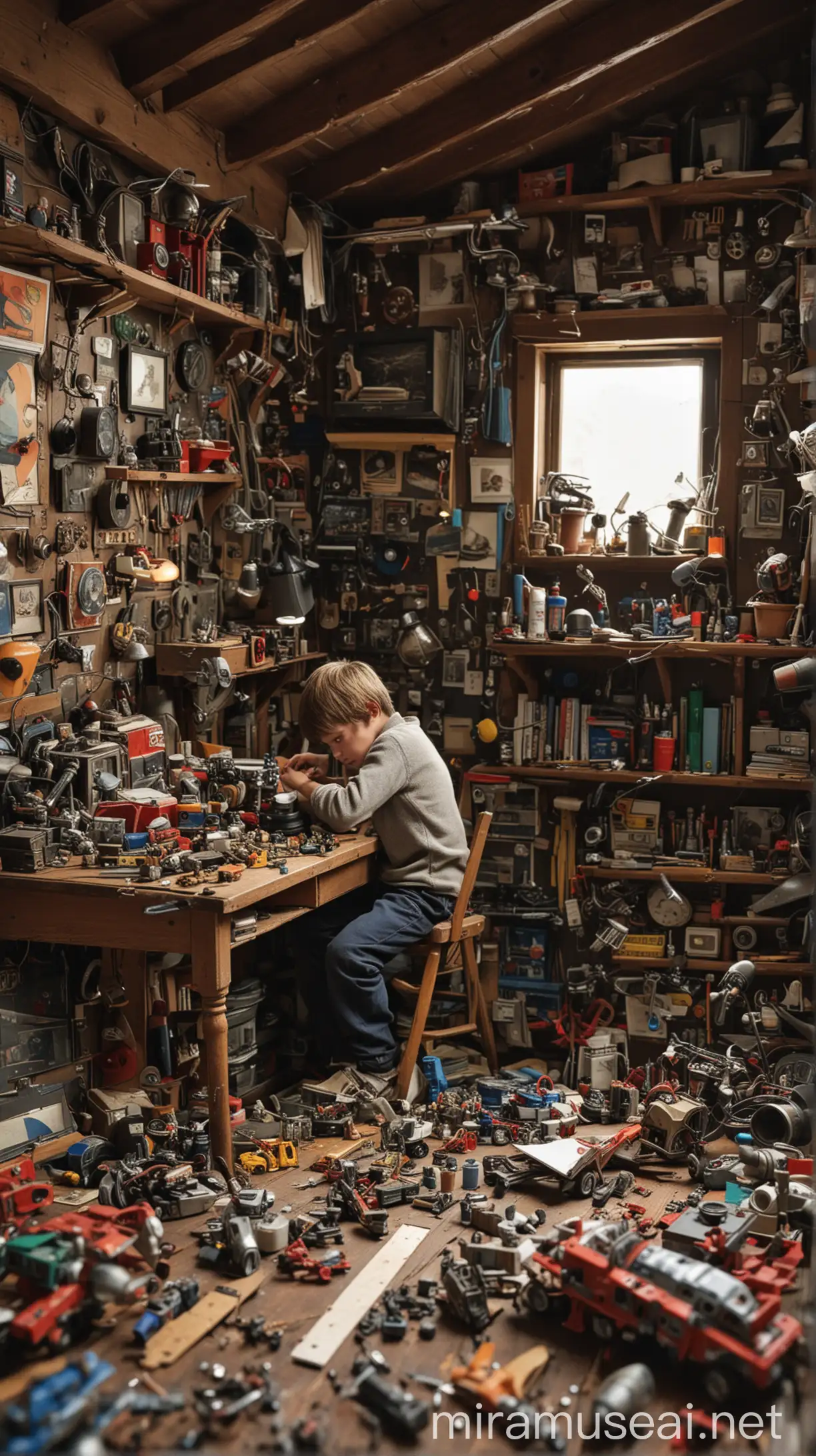 In a cozy corner of his room, a young boy hunches over a cluttered workbench. His nimble fingers assemble tiny pieces—a cockpit here, thrusters there—gradually shaping a miniature spaceship model. 